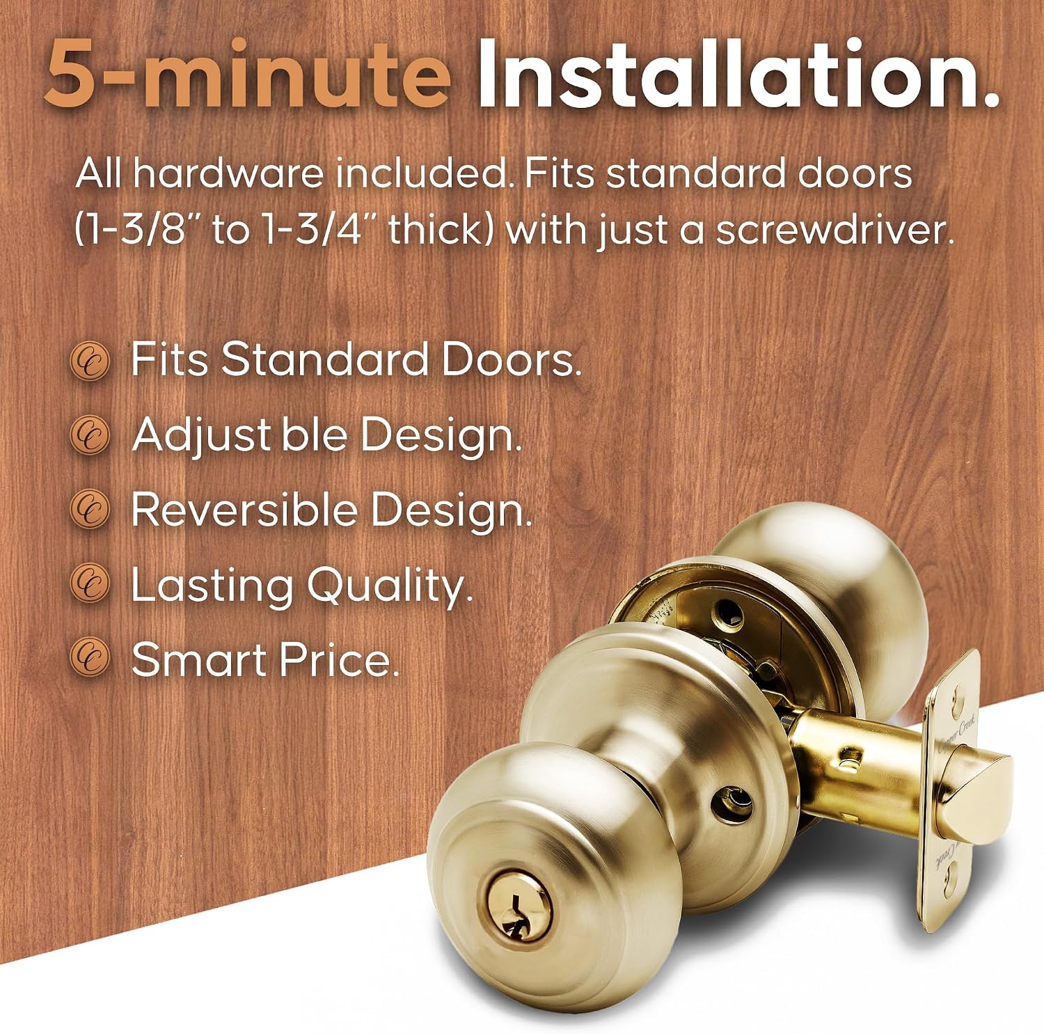 Copper Creek Colonial Privacy Interior Door Knob – ANSI Grade-3 Certified, Modern Heavy Duty Handle, Easy Install and Reversible for Bedroom, Bathroom and Closets – Satin Stainless (1 Pack)