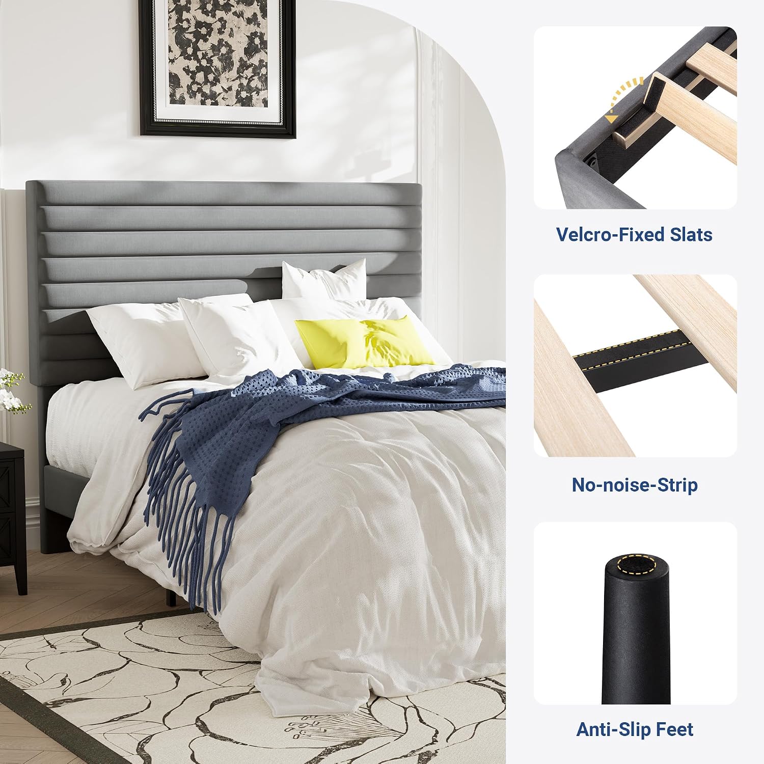 Allewie Queen Bed Frame, Velvet Upholstered Platform Bed with Adjustable Headboard, Horizontal Channel Design, Wood Slat Support, No Box Spring Needed, Noise Free, Easy Assembly, White