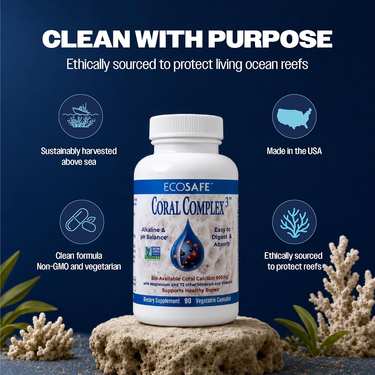 Coral Complex 3 Calcium Supplement Vitamin D3 & Magnesium – 900 mg Bioavailable Coral Calcium for Bone Strength, Joint Support & pH Balance – Trace Minerals, Non-GMO, 300 Veg Capsules