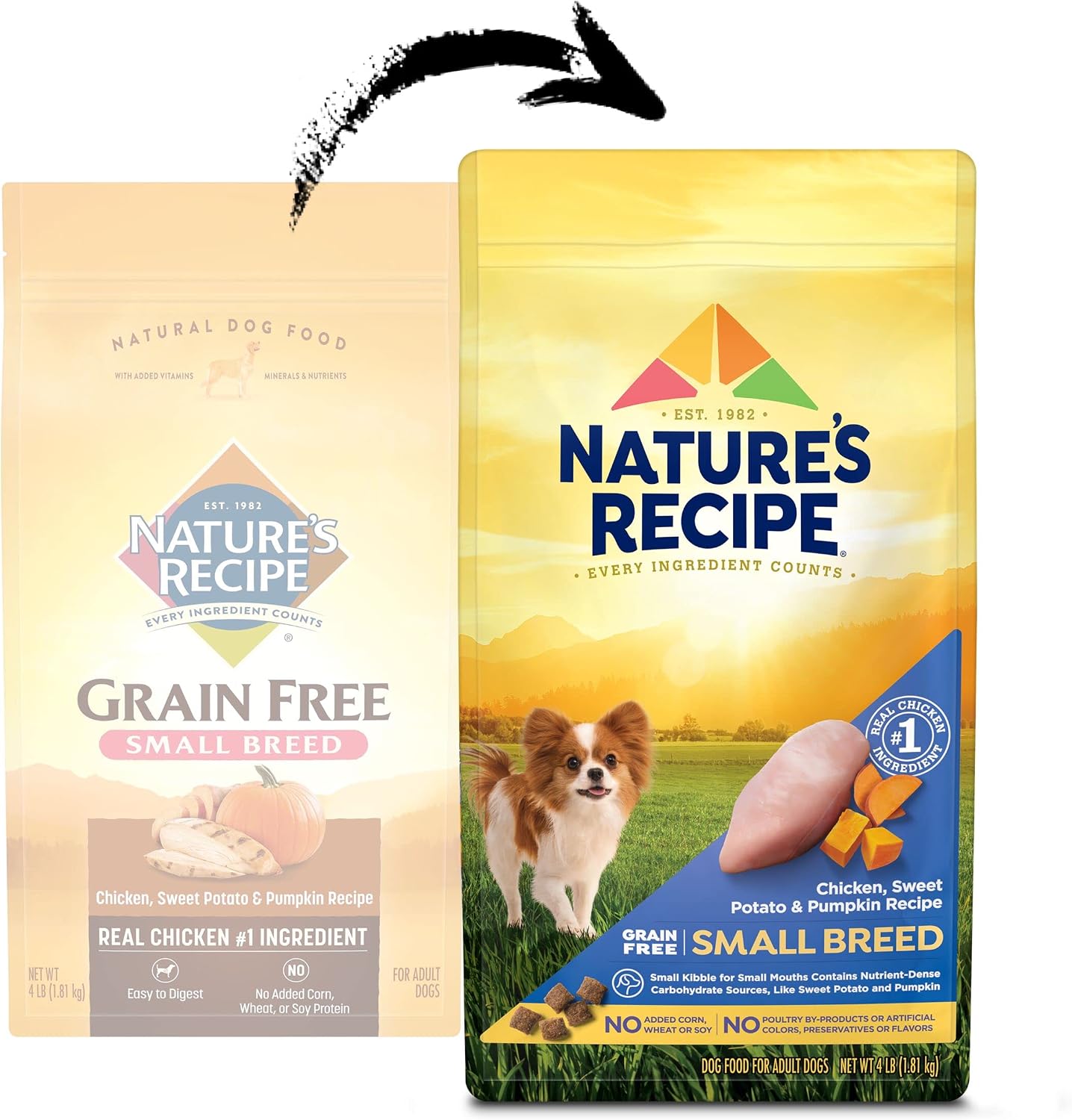 Nature's Recipe Grain Free Small Breed Dry Dog Food, Chicken, Sweet Potato & Pumpkin Recipe, 4 lb. Bag | Chicken, Sweet Potato & Pumpkin Recipe for Small Adult Dogs, Made with No Poultry By-Product Meal or Artificial Preservatives