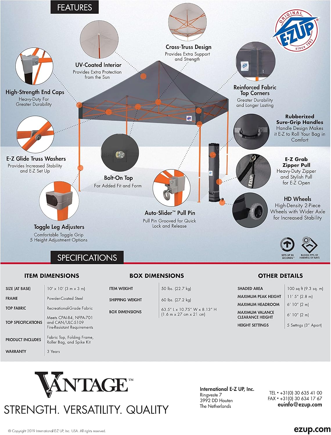 E-Z UP Vantage Instant Shelter Canopy, 10' x 10', Steel Gray Powder-Coated Steel Frame with Wide-Trax Roller Bag & 4 Piece Spike Set, Black