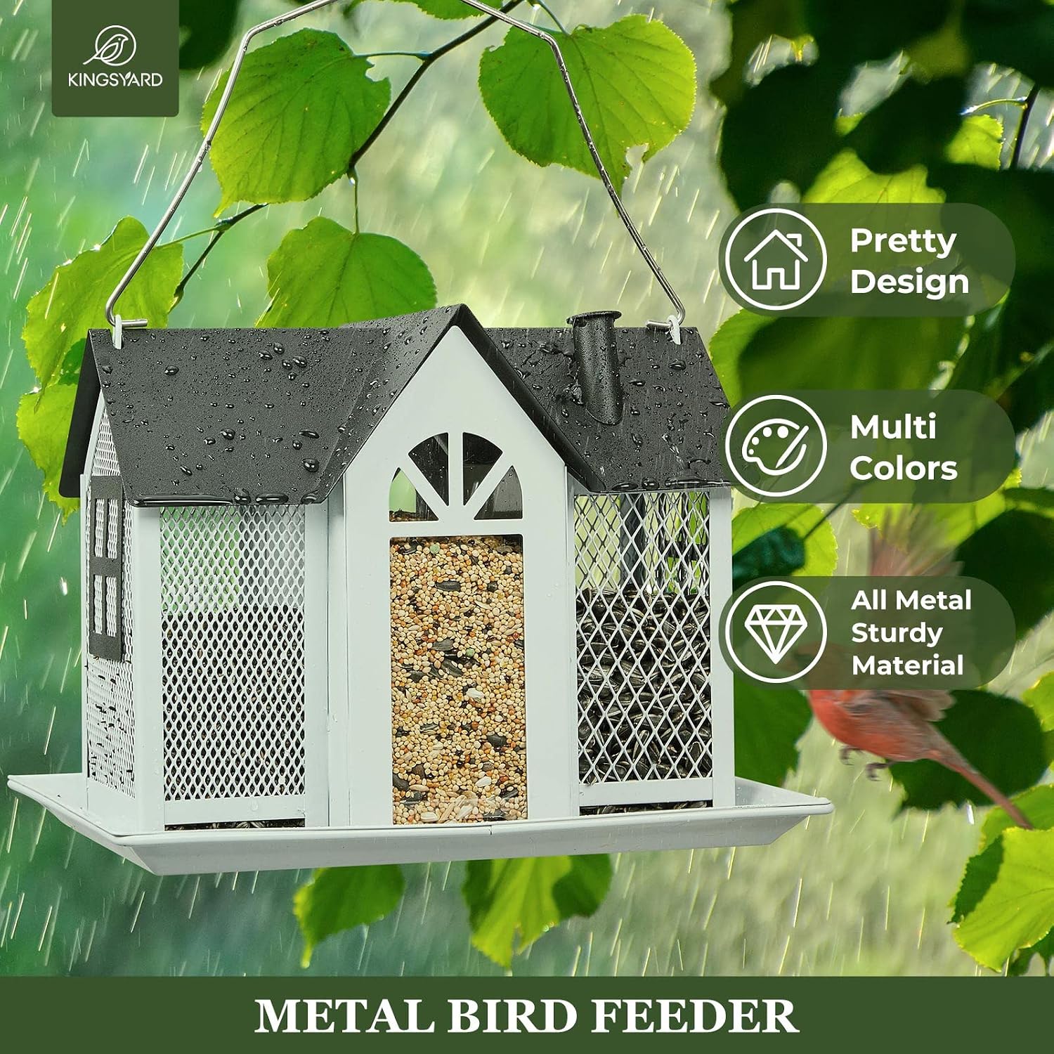 Kingsyard Bird Feeder House for Outside, Metal Mesh Wild Bird Feeder with Triple Feeders for Finch Cardinal Chickadee, Large Capacity
