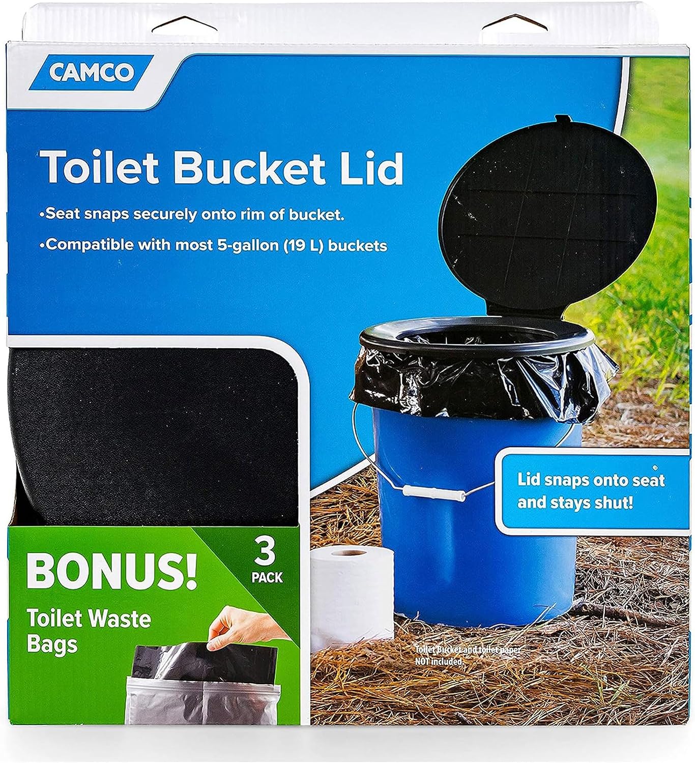 Camco Bucket Toilet Seat with Lid - Converts Standard 5 Gallon Bucket into Portable Toilet for Camping - Convenient Camping Toilet for Hunting &