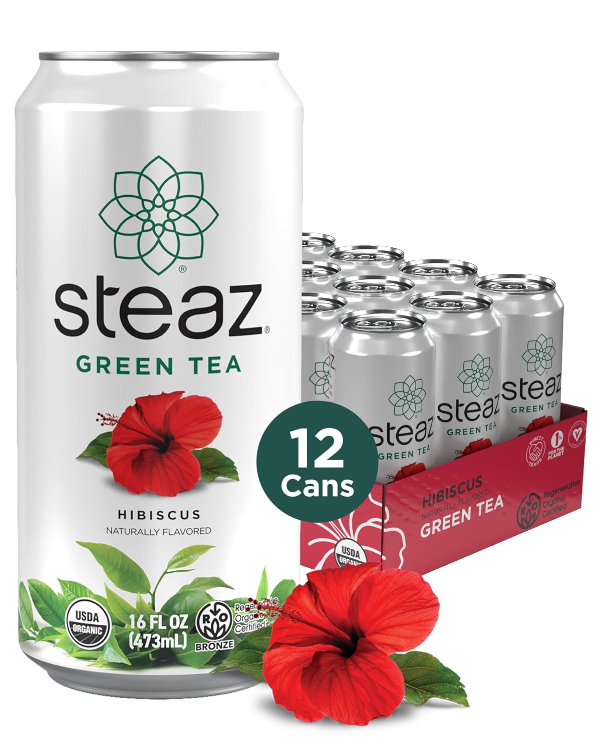 Steaz - Organic Green Tea - Peach (12 Pack) - 30mg Natural Caffeine, 70 Calories,Cane Sugar - Sweetened Iced Tea - Regenerative Organic Certified®️ - Vegan, Direct Trade - 12 Cans, 16 fl oz