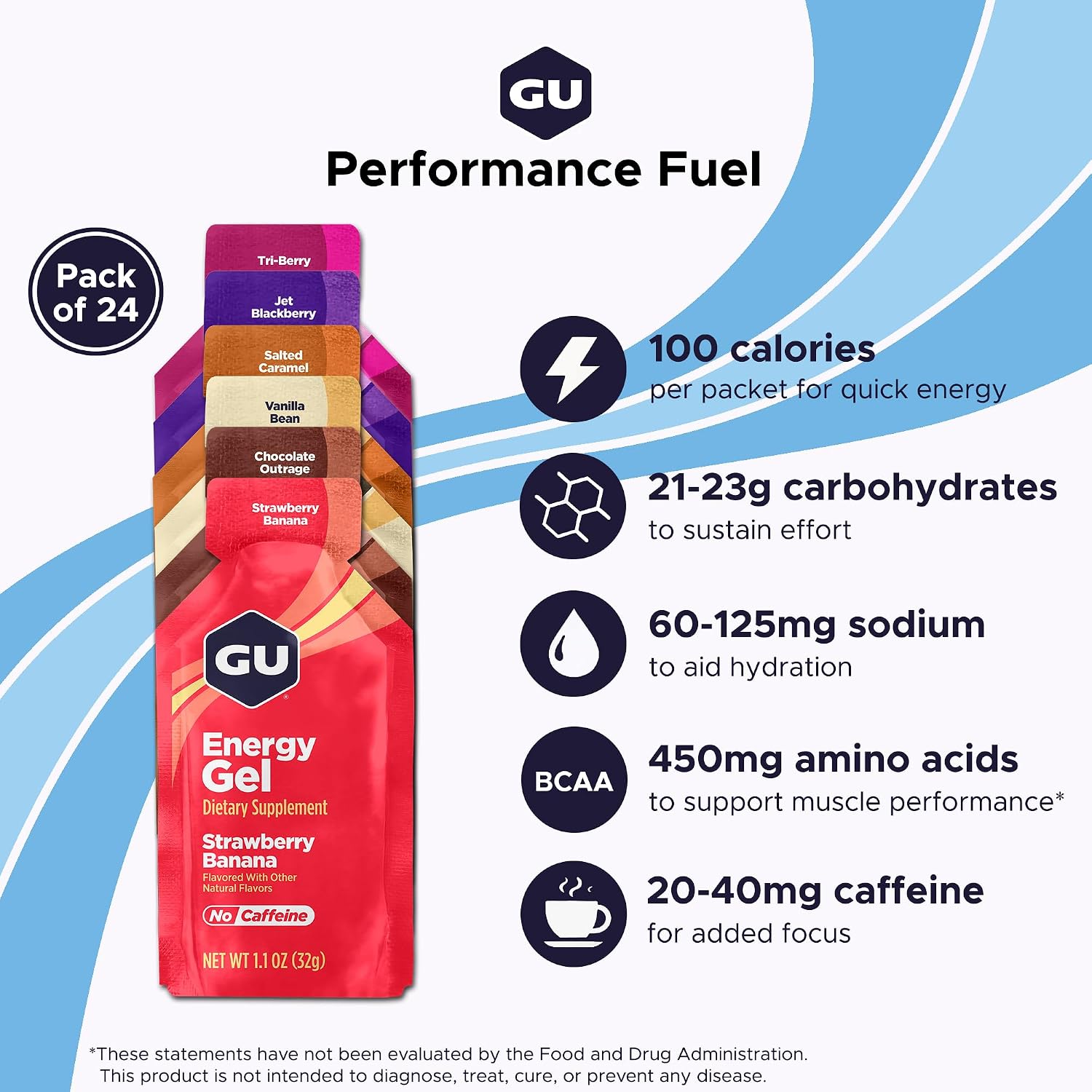 GU Energy Original Sports Nutrition Energy Gel, Vegan and Dairy-Free On-the-Go Energy for Any Workout, Vanilla Bean, 8-Count