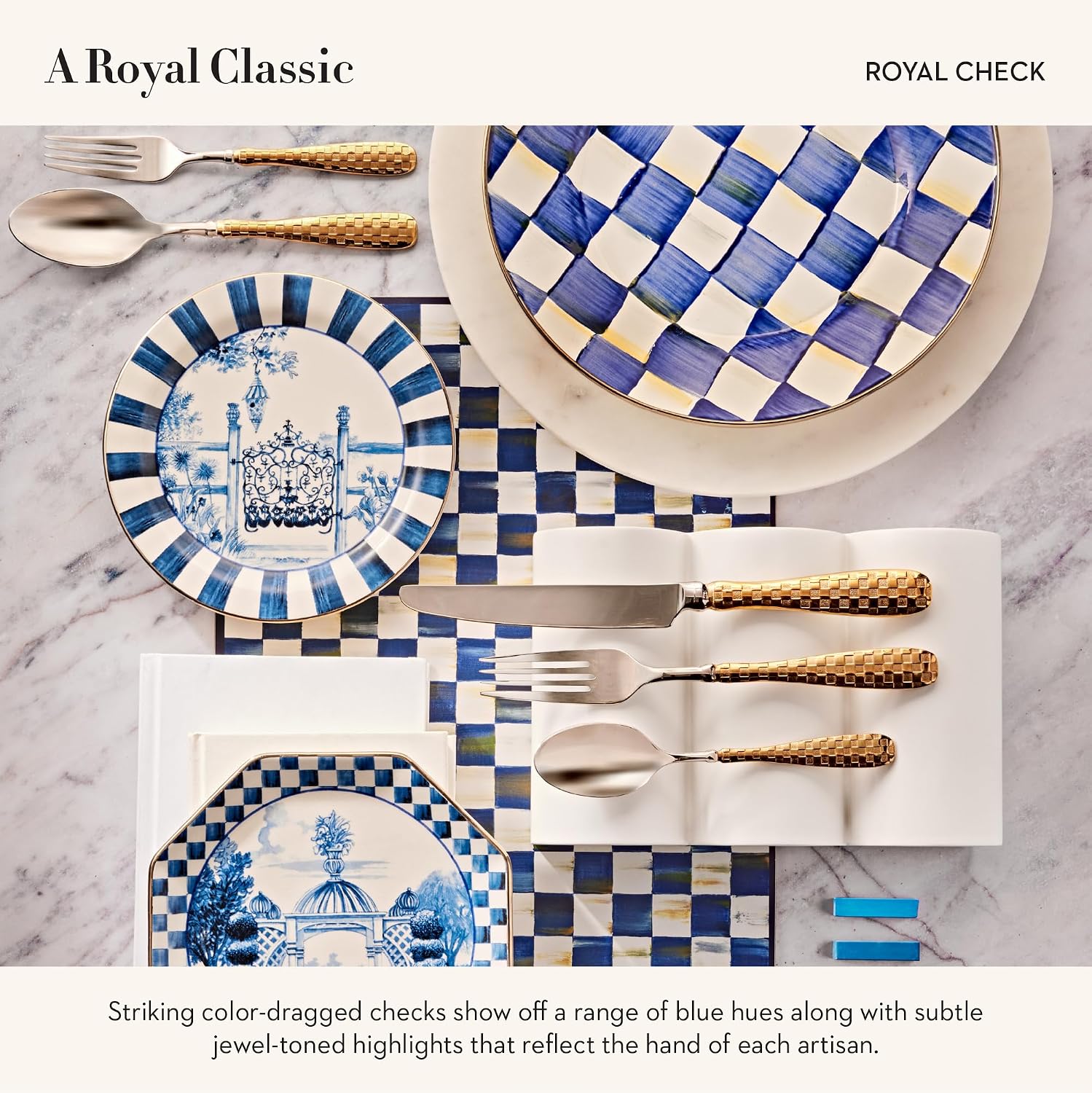 MACKENZIE-CHILDS Square Coasters Set, Black-and-White Courtly Check | Hand-painted design, made from MDF with a cork back, table coasters for drinks, 4" square, set of 4