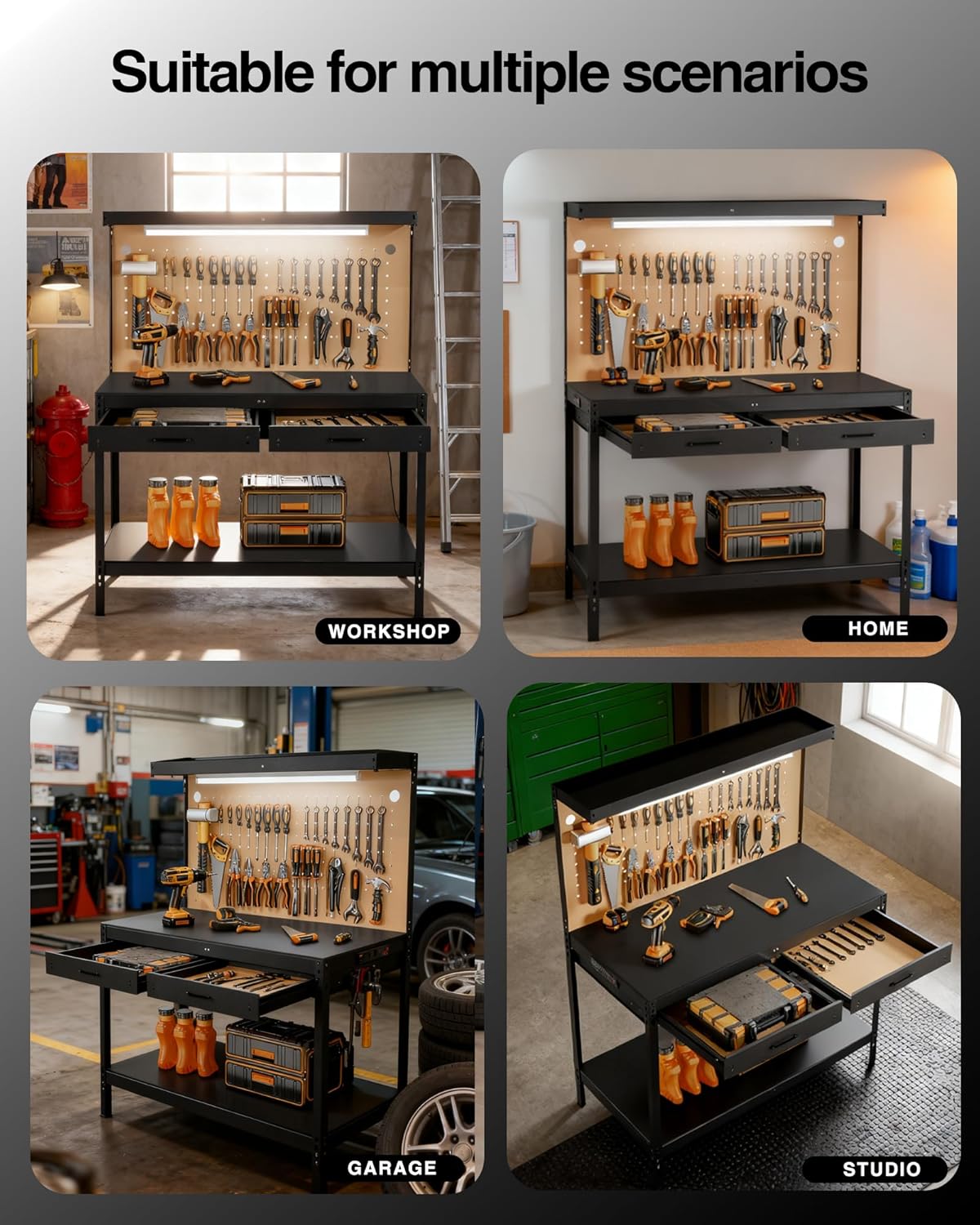 Pterying Work Benches for Garage, 3-Tier, A3 Steel | For Garage, Workshop & Basement, 2 Drawers, 4 AC Outlets, 2 USB Ports, Pegboard, 12 Hooks