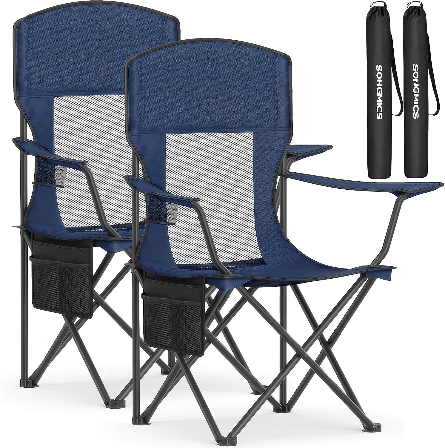 SONGMICS Camping Chair, Folding Oversized Chair, Comfortable and Heavy-Duty, 352 lb Weight Capacity, Adjustable Armrests with Cooler Bag, Storage Bag, Breathable Mesh, Bijou Blue UGCB060Q01