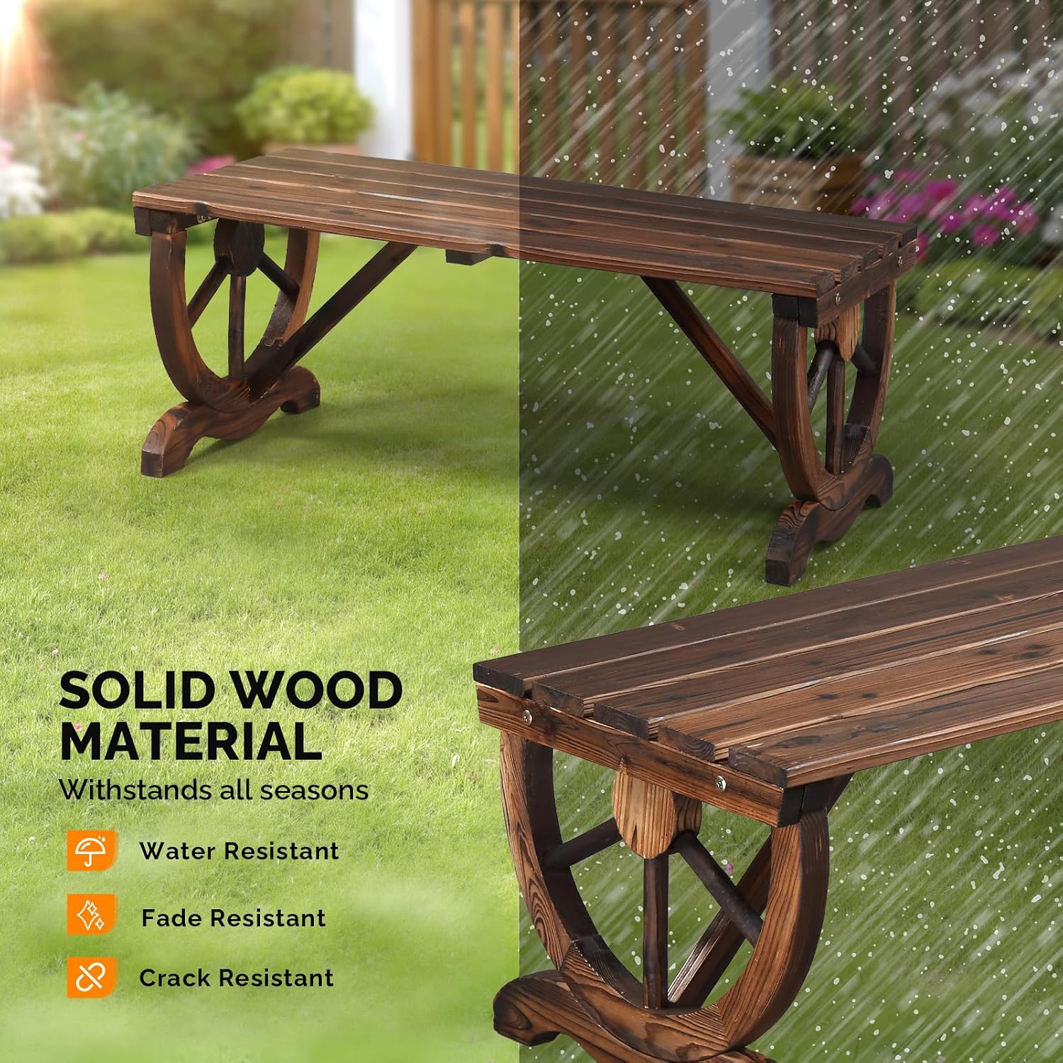 VINGLI Rustic Wooden Wheel Bench Outdoor Bench, Patio Bench Wagon Slatted Seat, Garden Benches for Outdoors 350lbs High Capacity
