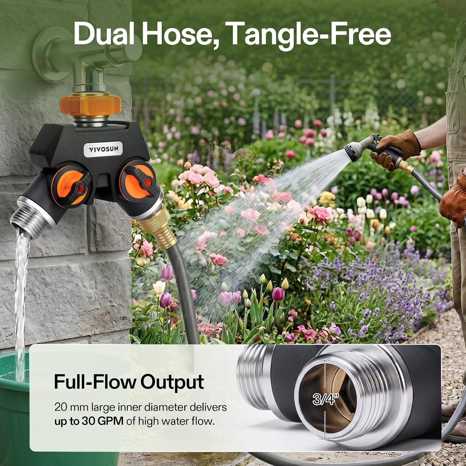 VIVOSUN Garden Hose Splitter 4 Way, Heavy Duty Water Hose Connector 3/4", Water Hose Manifold