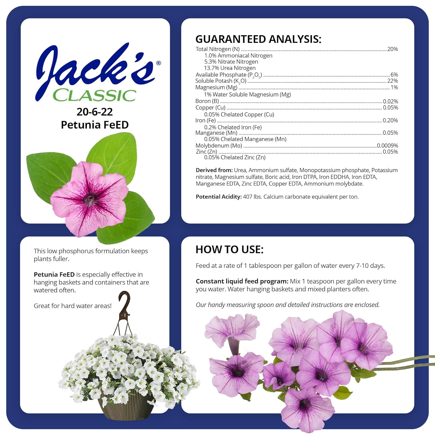 Jack's Classic 20-6-22 Petunia Feed Water-Soluble Fertilizer, 4lb | Powdered, Targeted Micronutrient Package, Promotes Lush Green Iron-Loving Plants and Annuals, Liquid Root & Foliage Feeding