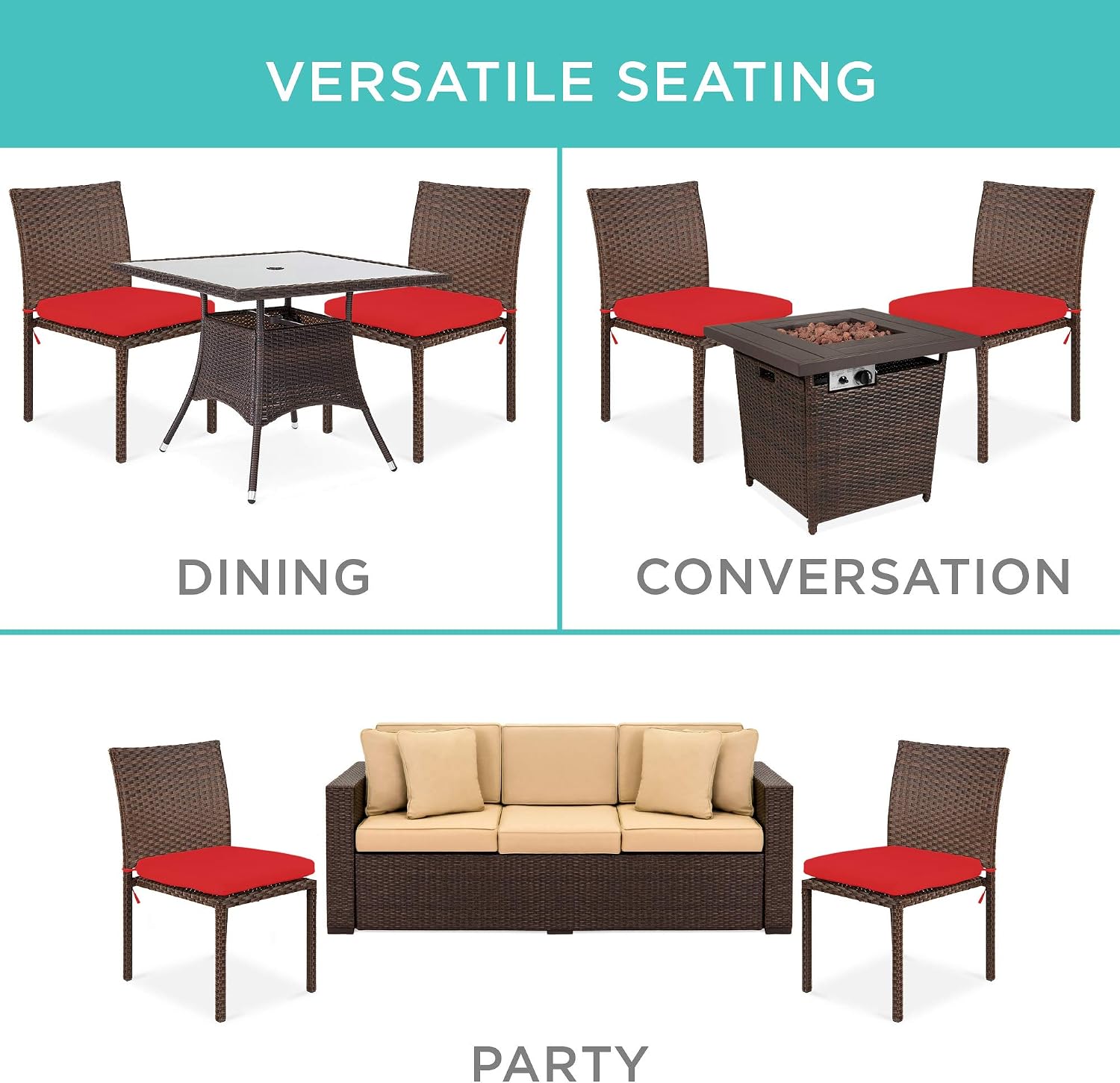 Best Choice Products Set of 4 Stackable Outdoor Patio Wicker Chairs w/Cushions, UV-Resistant Finish, and Steel Frame - Brown/Red