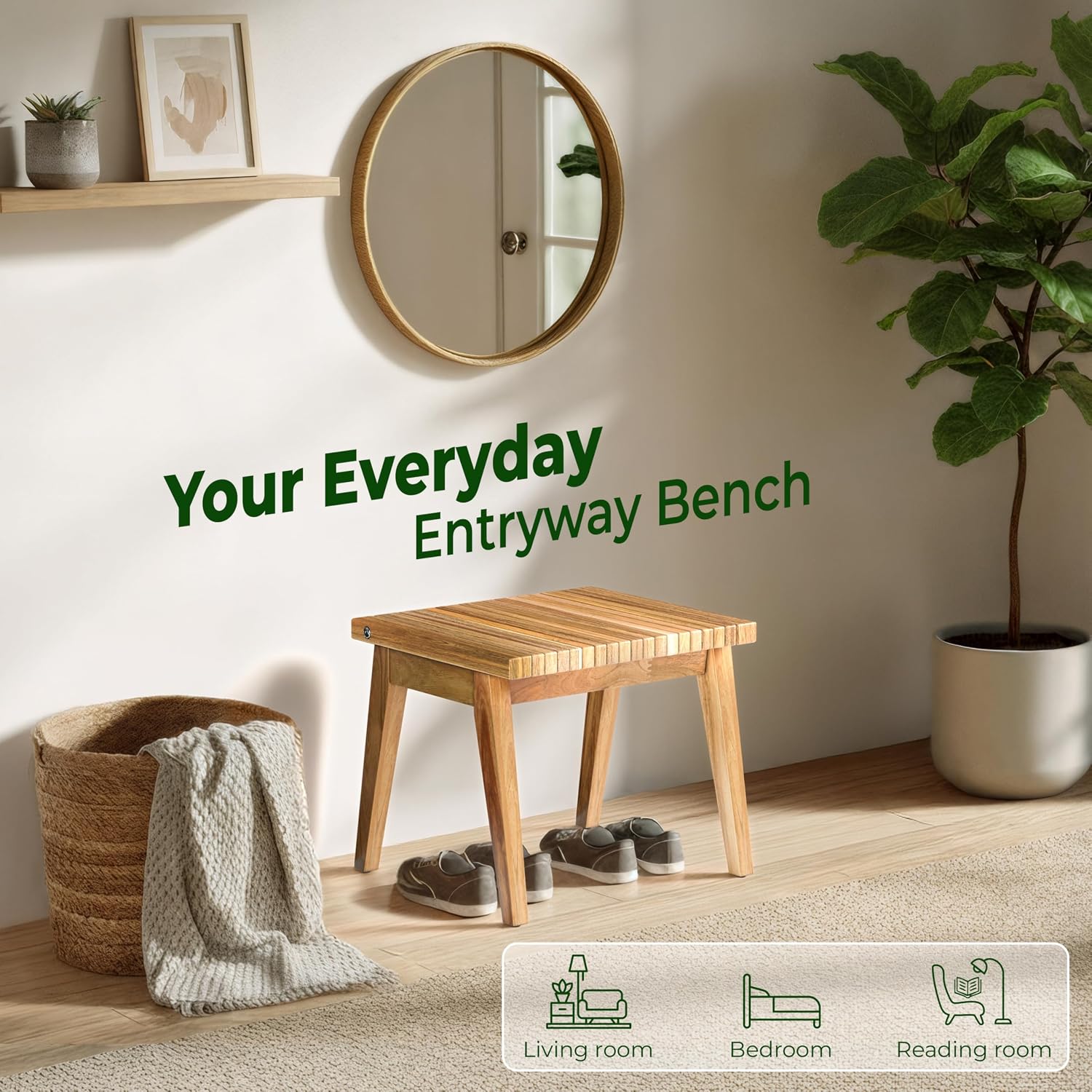 Melino Wooden Bench Outdoor 47" Convertible Acacia Wood Bench, Solid Wood Indoor Patio Benches for Outdoors