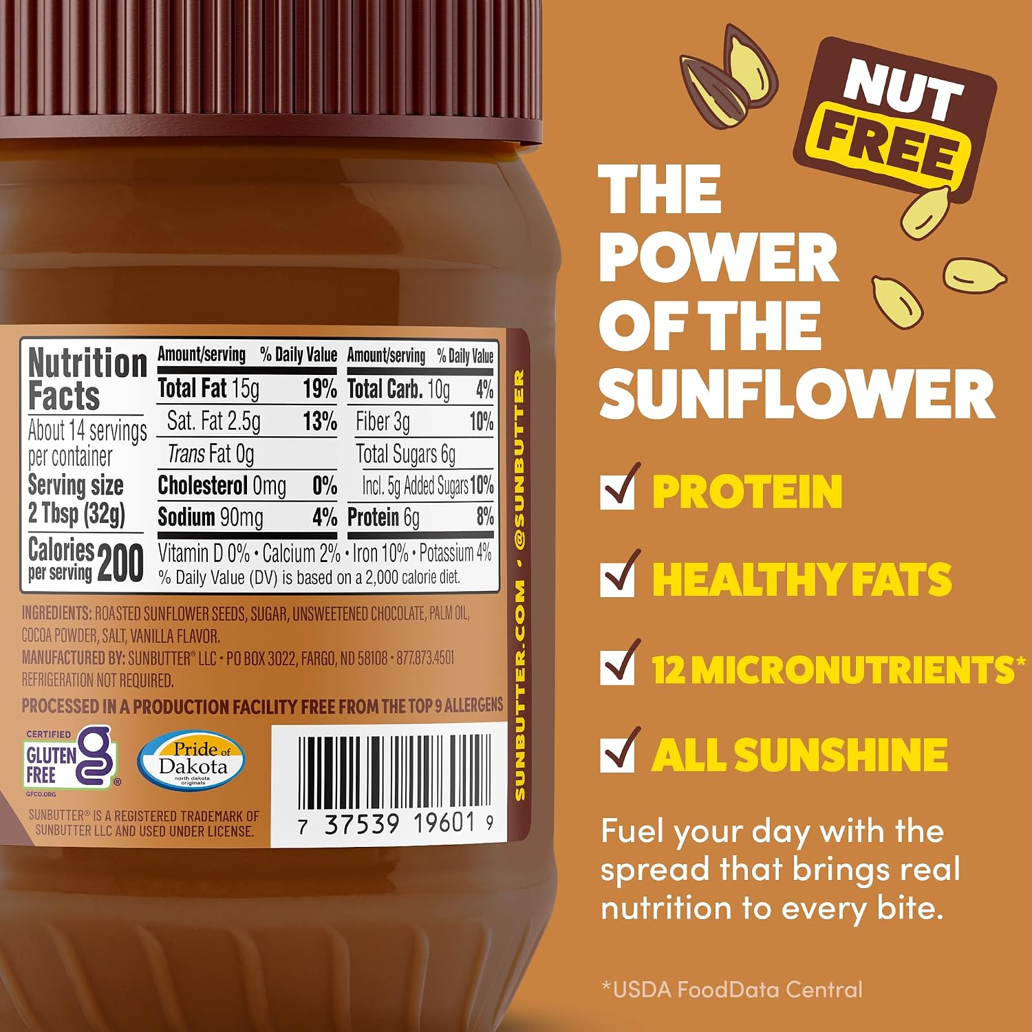 SunButter Original Sunflower Seed Butter, 16 oz Nut-Free Spread with 7g Plant-Based Protein, Roasted Rich & Savory Flavor, Smooth Texture | Vegan, Kosher & Non-GMO