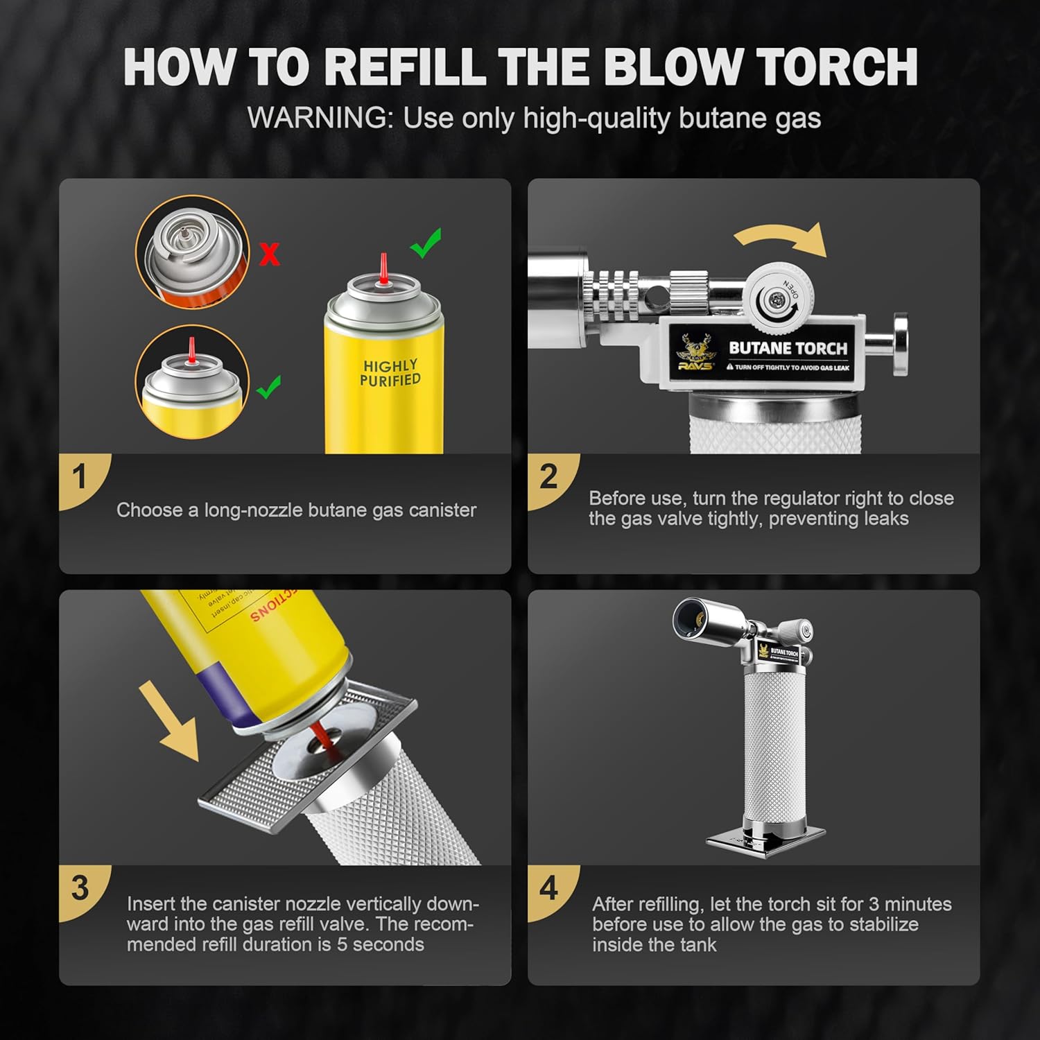RAVS Butane Torch Lighter, Premium Metal Kitchen Torch with Adjustable Flame & Safety Buckle, Refillable Creme Brulee Torch for Baking, BBQ, DIY