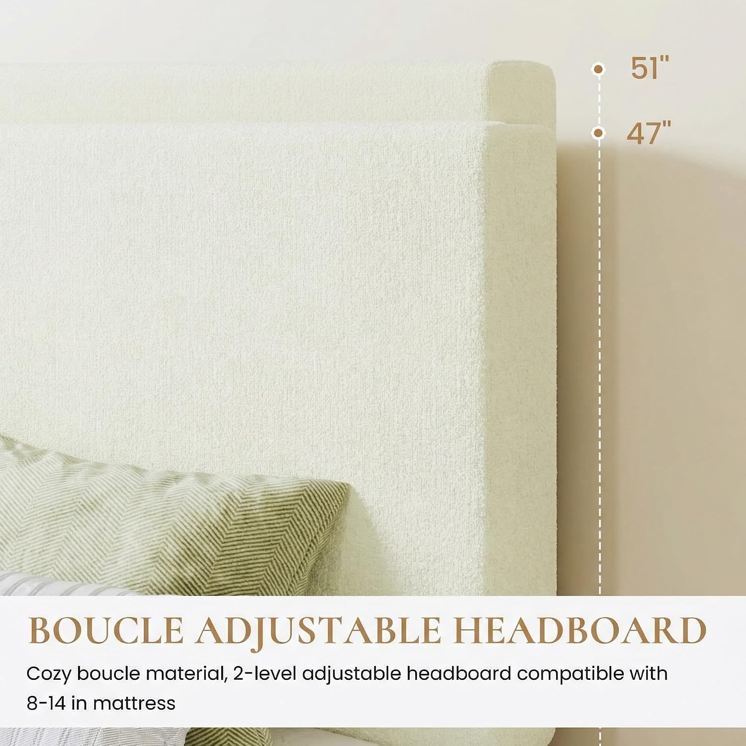SHA CERLIN Boucle Upholstered Queen Size Bed Frame, White | Platform Bed with Adjustable Headboard, Wooden Slats Support, No Box Spring Needed, Noise-Free, Easy Assembly