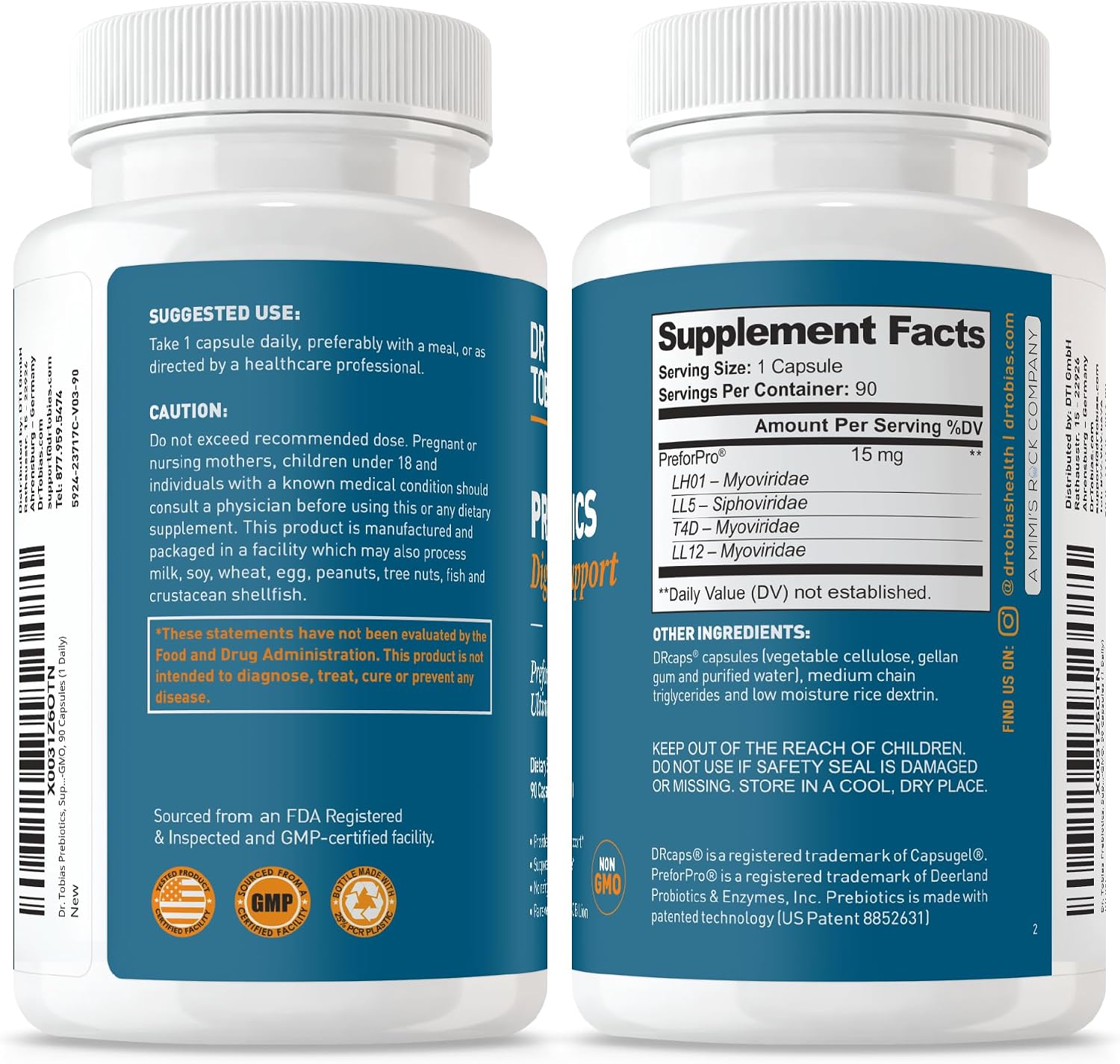 Dr. Tobias Prebiotics, Supports Digestion & Gut Health, Feed Good Probiotic Bacteria, Boost Gut Immune Function, Vegan & Non-GMO Gut Health Supplements for Men and Women, 30 Capsules, 30 Servings