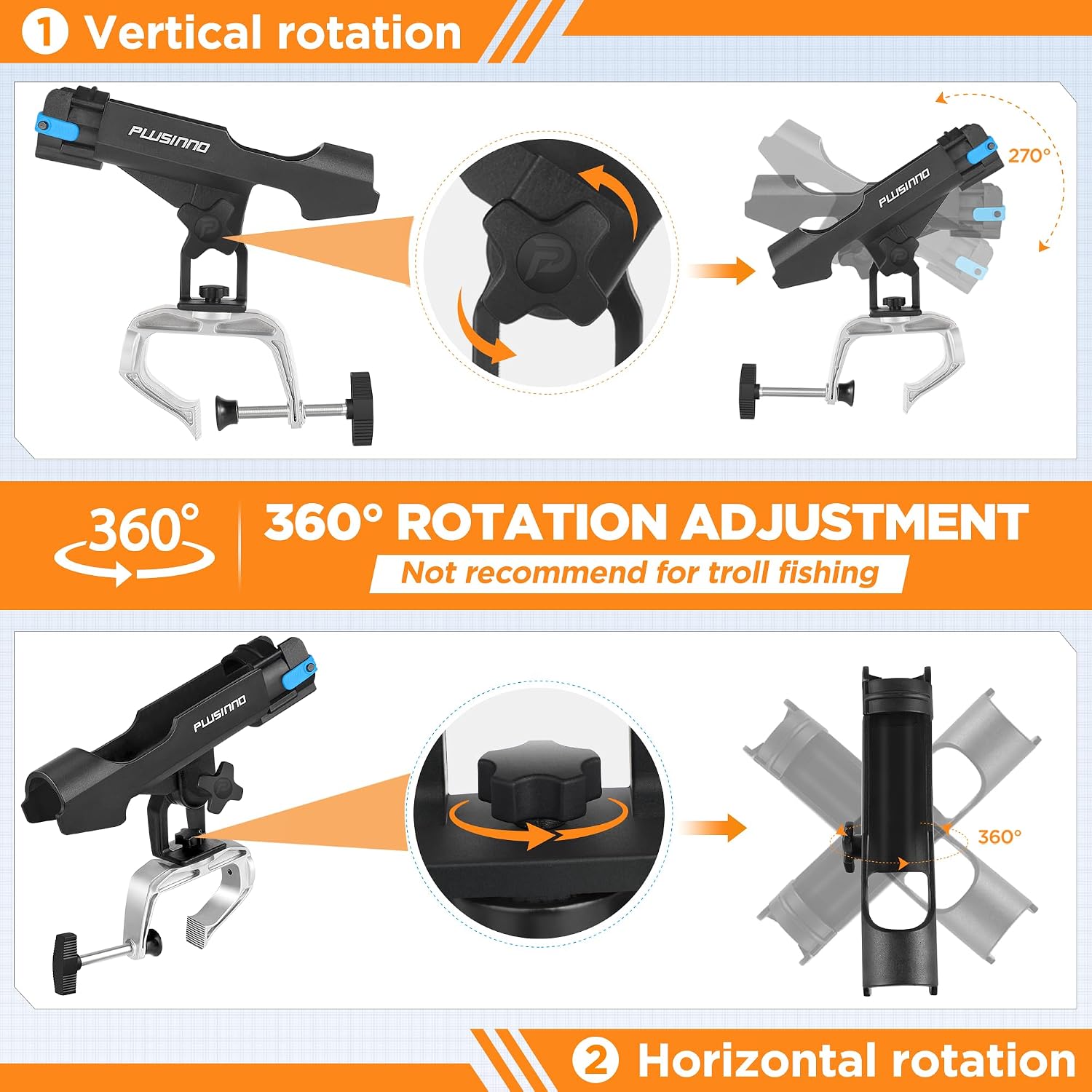 PLUSINNO Rod Holders for Fishing Boat Adjustable Pole Rod Holder | Universal Fit Most Fishing Rod, with Rod Protective Strap, Large Clamp Opening 360°, Horizontal Vertical Compatible