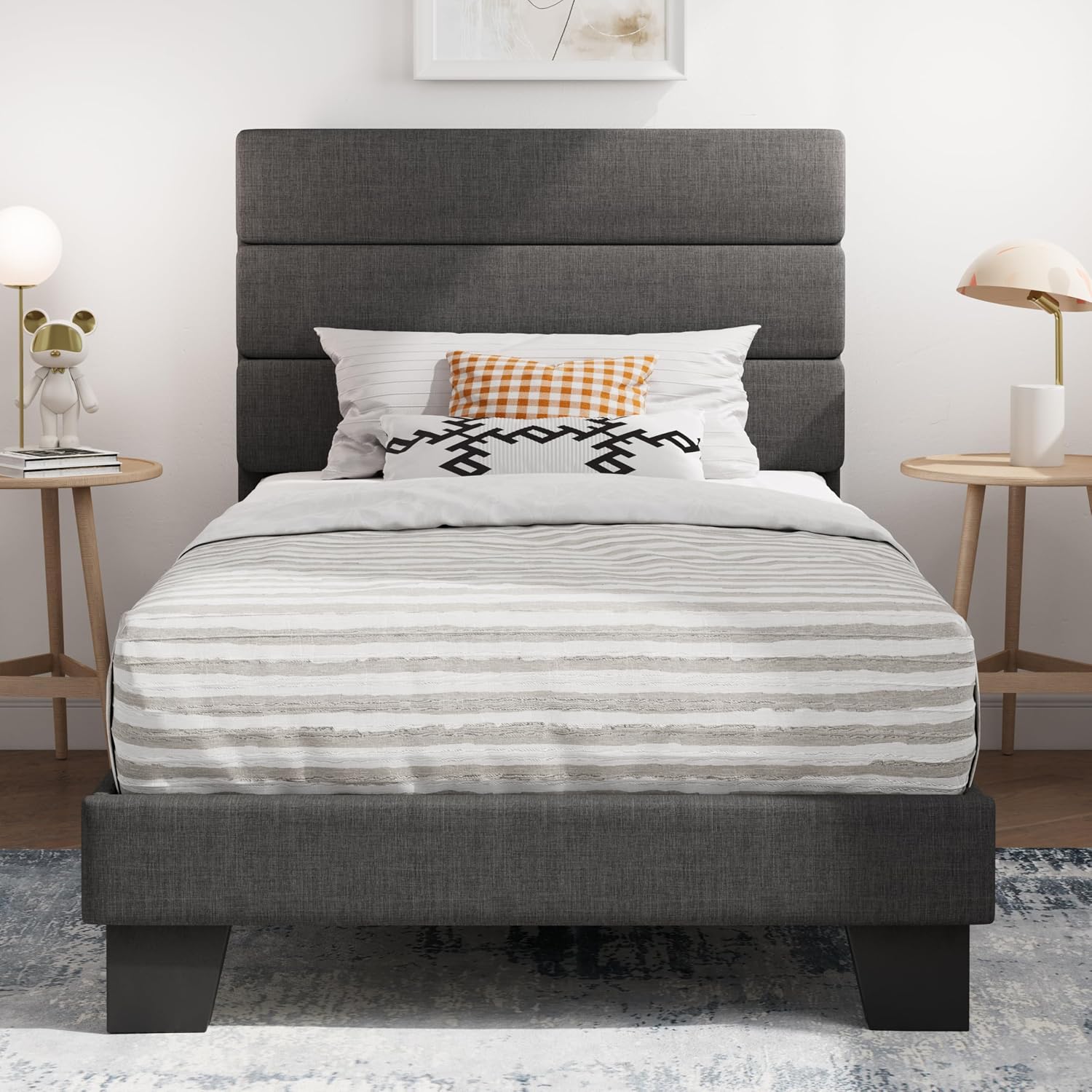 SHA CERLIN Full Platform Bed Frame with Upholstered Fabric Headboard, Grey