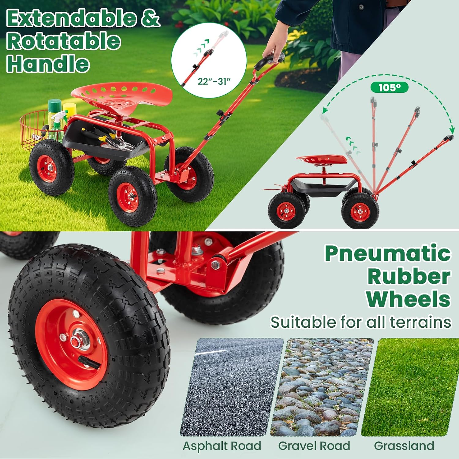 Giantex Rolling Garden Cart with Seat, 4-Wheel Gardening Workseat with Storage Basket, Swivel Stool Adjustable Seat, Steering Handle