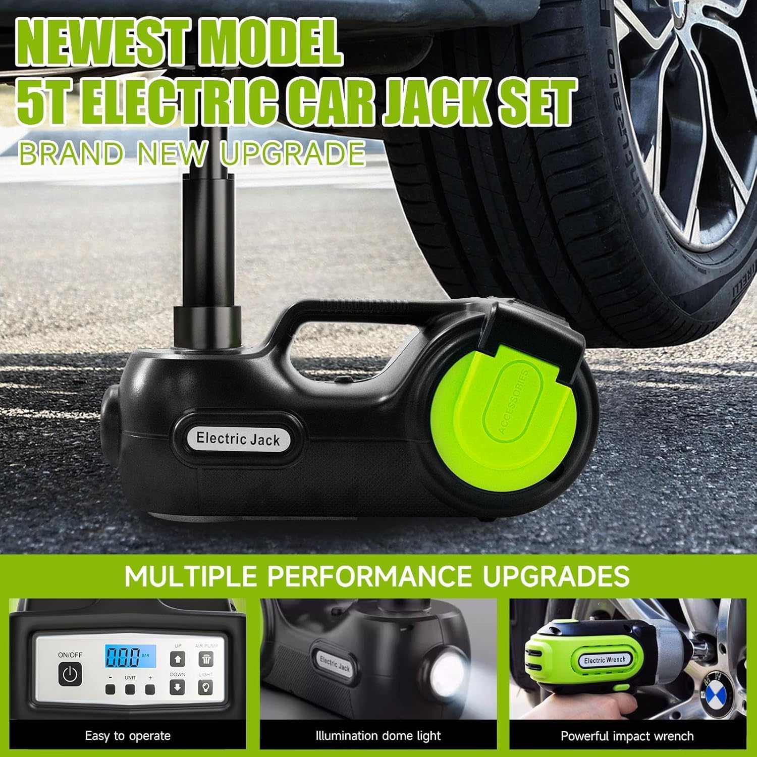 E-HEELP Electric Car Jack Kit 5 Ton 12V with Impact Wrench, 6.1-17.7 in