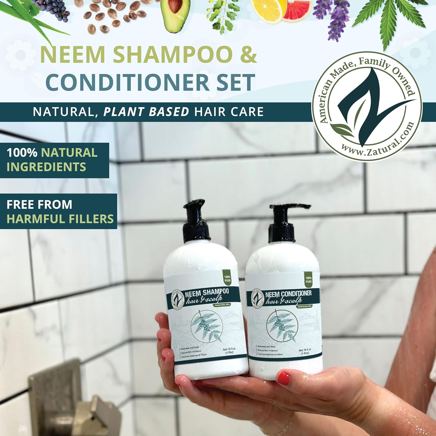 Zatural Neem Shampoo | Gentle Scalp & Hair Cleanser with Botanical Extracts | Moisturizing Wash for Softness, Volume, and Shine (8 Fl Oz)