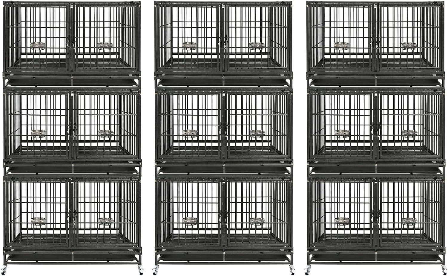 Homey Pet Three Tiers 43 inch Heavy Duty Dog Crate with Wheels, Dual Doors | Stackable Indestructible Steel Dog Cage Kennel Indoor with Divider, Trays, Bowls, Escape Proof Locks for Breeders and More