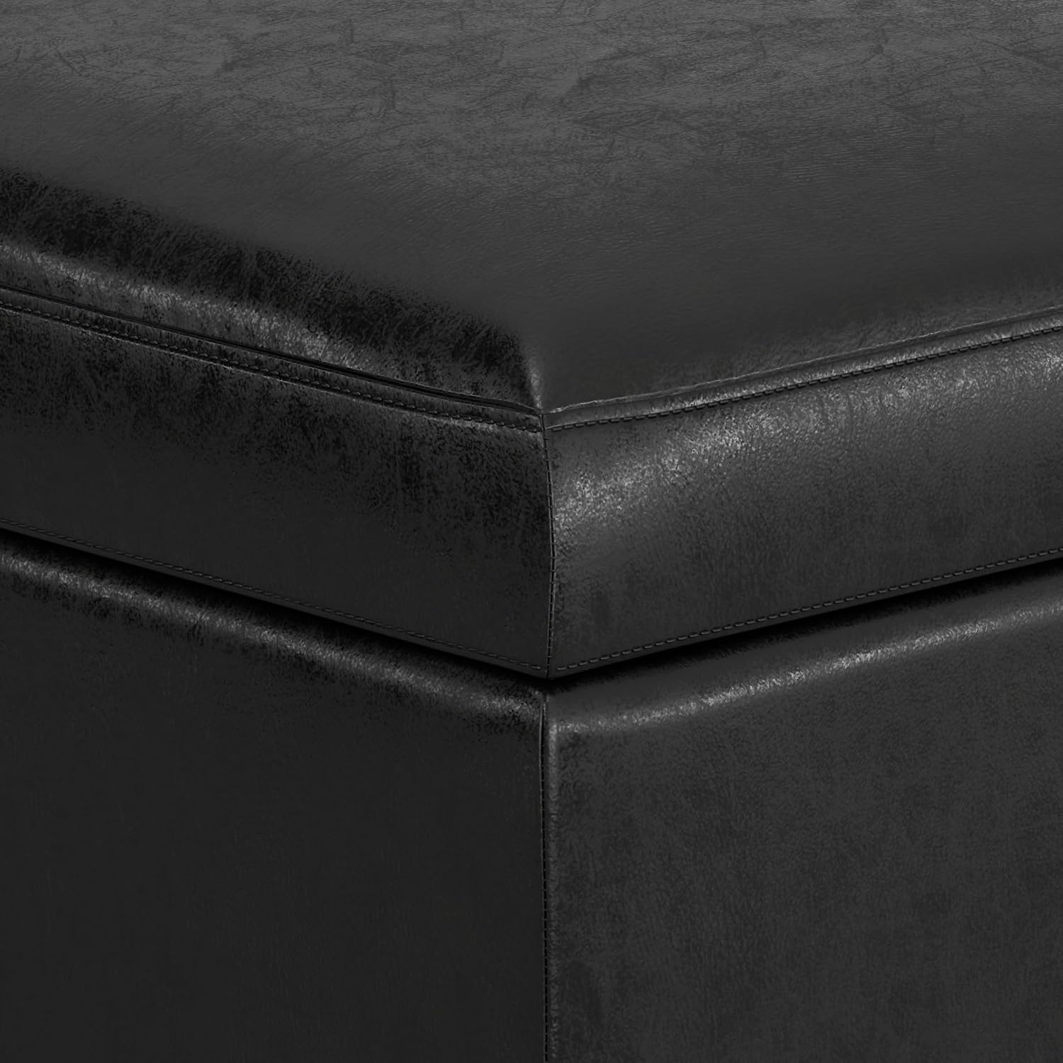 SIMPLIHOME Owen 34" Wide Vegan Leather Lift Top Ottoman in Dark Blue