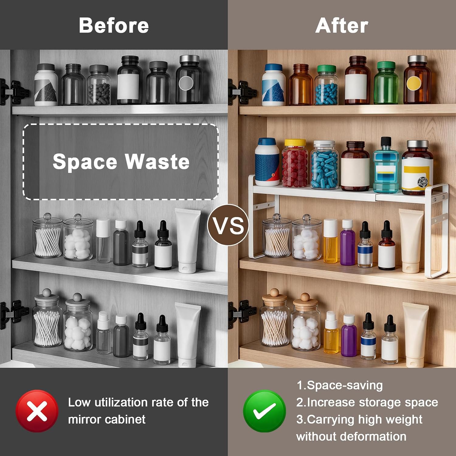 Medicine Cabinet Shelves, 3.58" Wide Metal Cabinet Shelf Organizer with Adjustable Tiers and Non-Slip Pads for Kitchen