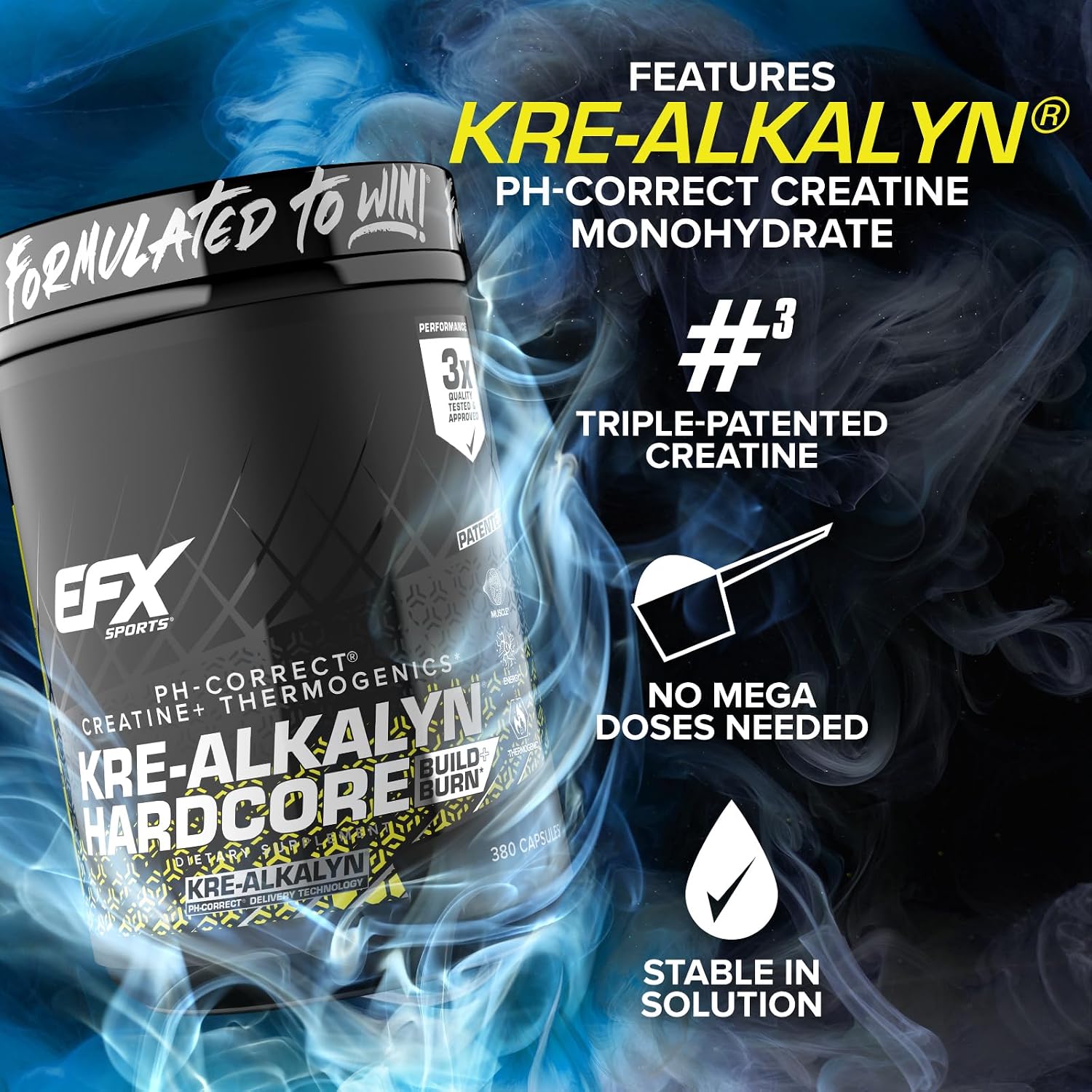EFX Sports Kre-Alkalyn Hardcore | Thermogenic pH Correct Creatine Monohydrate Pill Supplement | Energy & Strength Pre Workout | 40 Servings, 120 Capsules