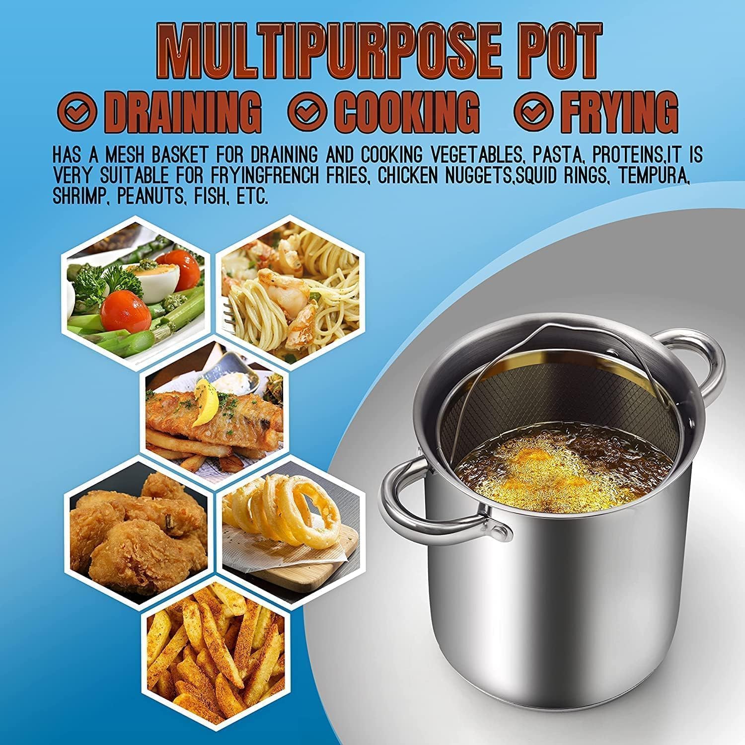 Cook N Home Basics 4-Quart Deep Fryer Pot with Basket, Japanese Tempura Small Stainless Steel Frying Pot with Oil Drip Drainer Rack, Glass Lid, Suitable for Kitchen French Fries, Chicken