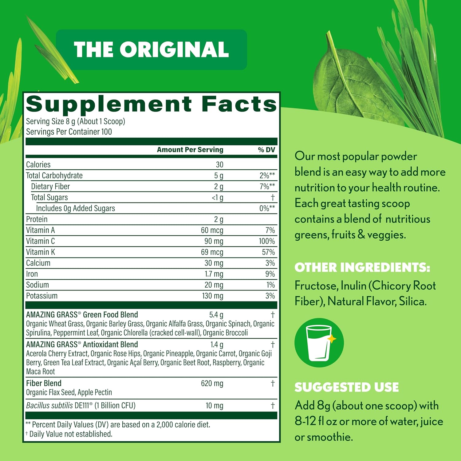 Amazing Grass Super Greens Powder Original, 60 Servings, 16.9 oz | Organic Greens Superfood Powder with Spirulina, Beet Root, Probiotics & Digestive Enzymes to Support Digestion
