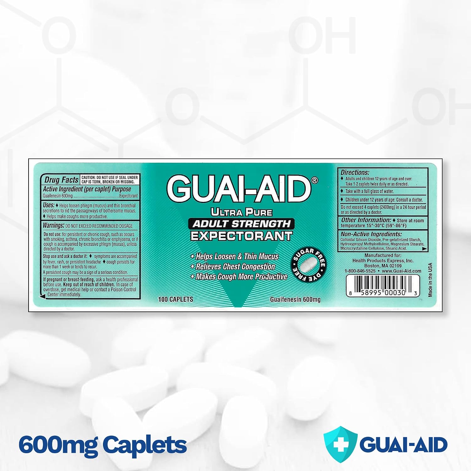 100 600mg Guaifenesin Caplets “for All-Day Everyday Mucus Relief” Controls phlegm, Cough, Chest Congestion, colds & flu.