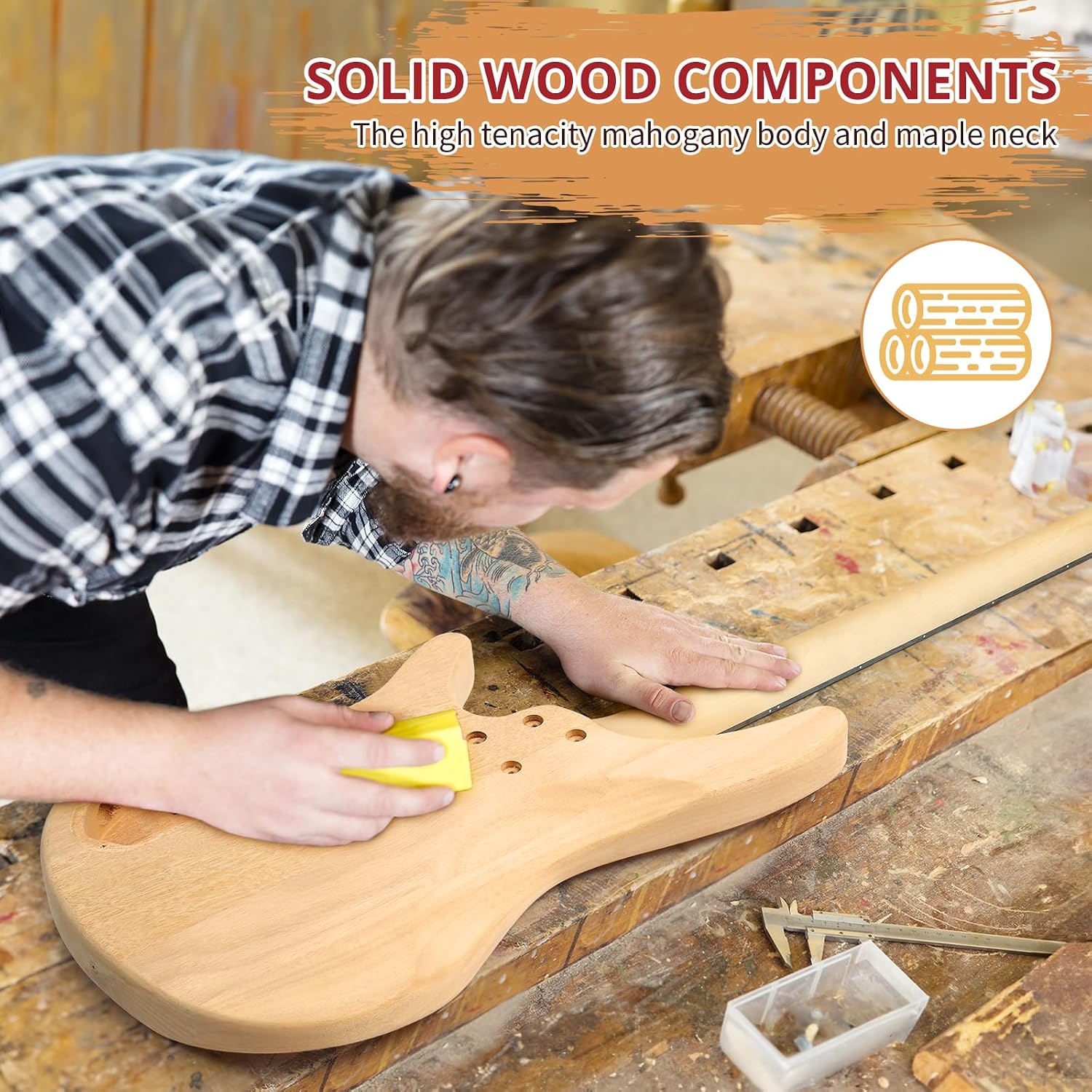 Ktaxon DIY Electric Guitar Kit, 44Inch DIY Bass Guitar Kit (KIB) | Mahogany Body, Solid Wood Fingerboard and Maple Neck, Easy Installation & All Accessories Included to Build Your Own Guitar