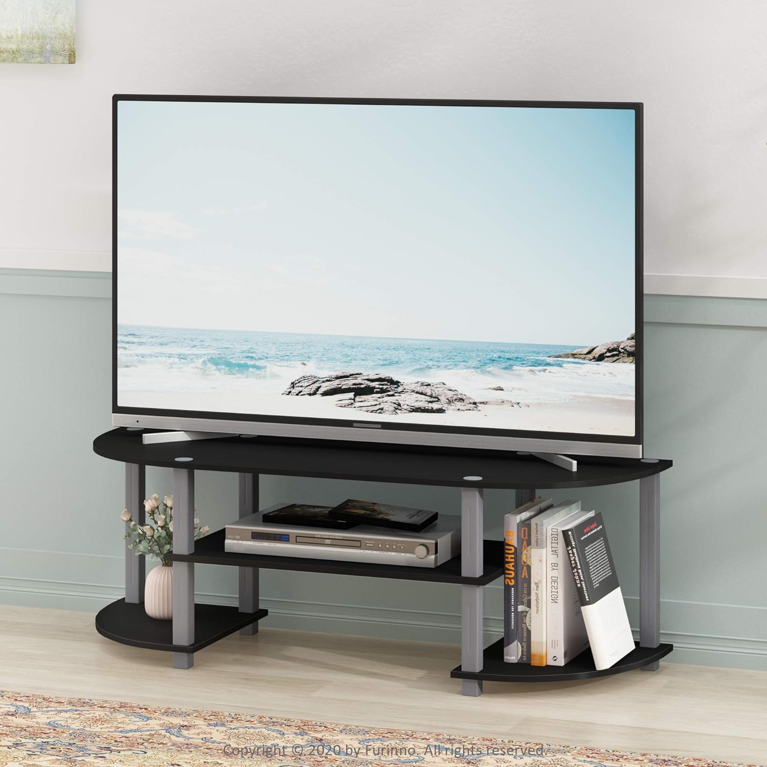 Furinno TURN-S-TUBE 3-Tier TV Stand for TVs up to 55 Inch, French Oak | Toolless Entertainment Center with Open Storage Shelves, Media Console Table with Soundbar Shelf for Living Room, Bedroom