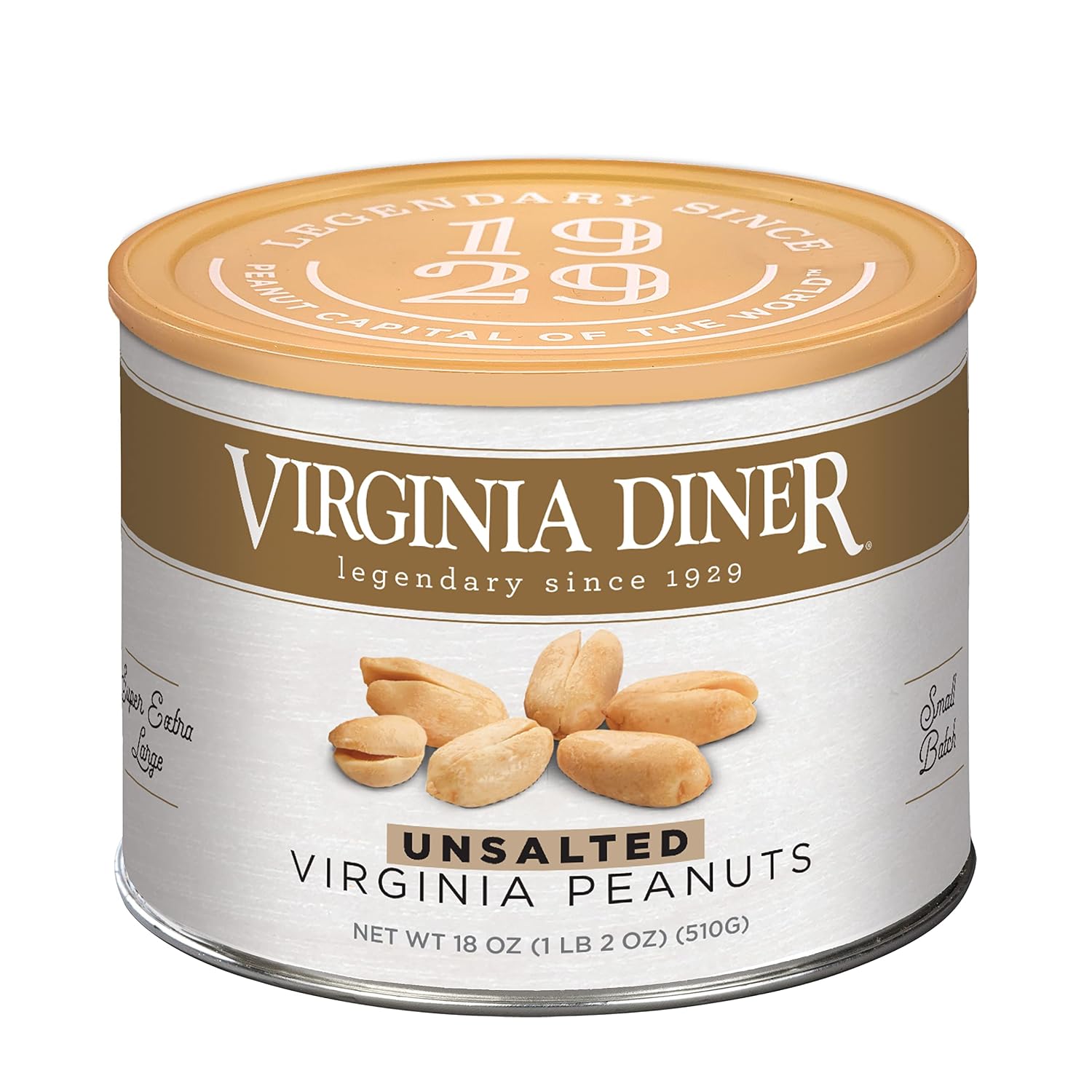 Virginia Diner Salted Virginia Peanuts - XL Gourmet Peanuts Non-GMO, Preservative Free Gifts from Virginia Since 1929-18 Oz Can