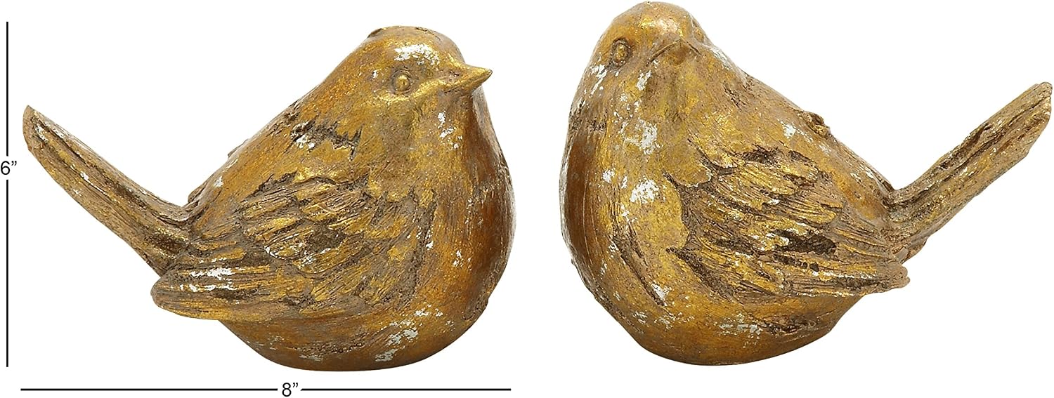 Deco 79 Polystone Bird Decorative Sculpture Home Decor Statues, Set of 2 Accent Figurines 8"W, 6"H, Gold