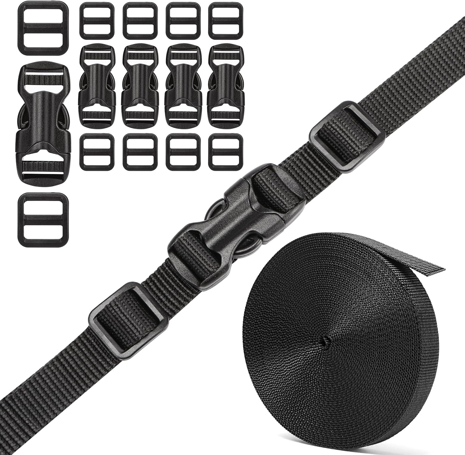 BEYOURD Buckles and Straps Set 1": 6 Yards of Thick Nylon Webbing, 6-Pack Heavy Duty Adjustable Quick Side Release Plastic Buckles
