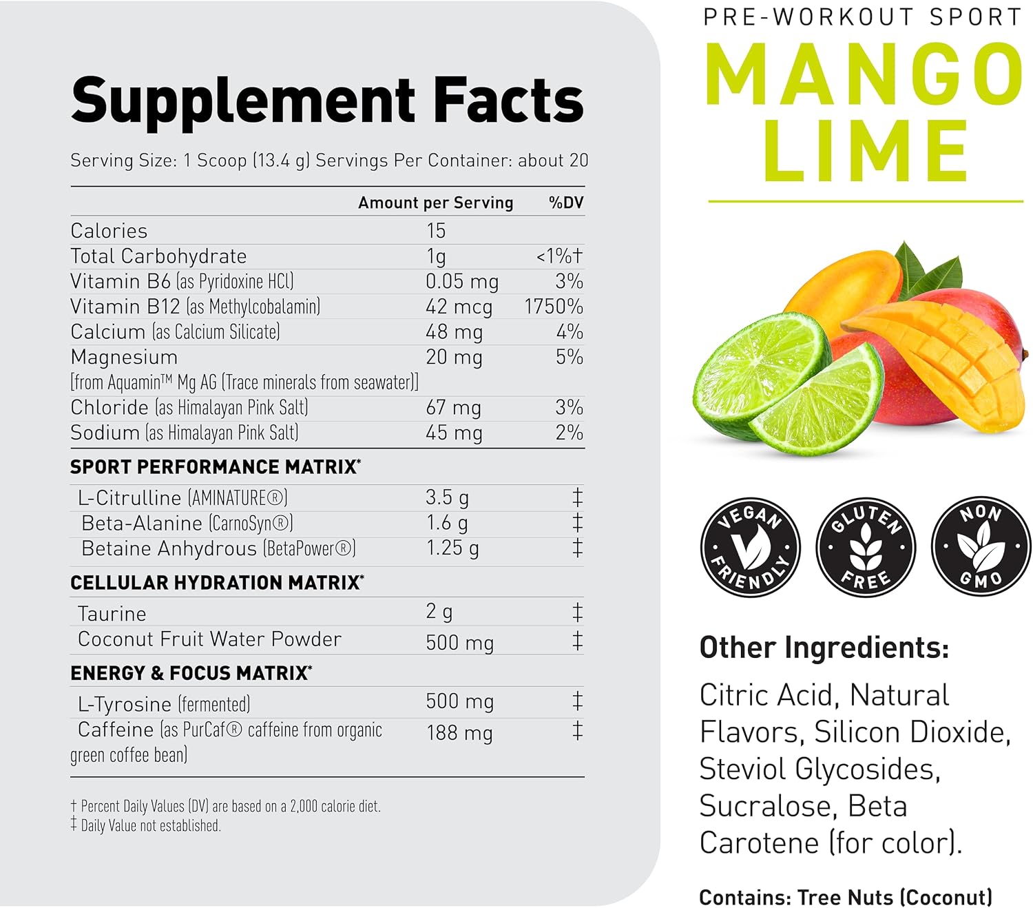 Kaged Sport Pre Workout Powder for Men & Women, Mango Lime, Sport Certified, 188mg Caffeine, Nitric Oxide Supplement, Beta Alanine for Energy