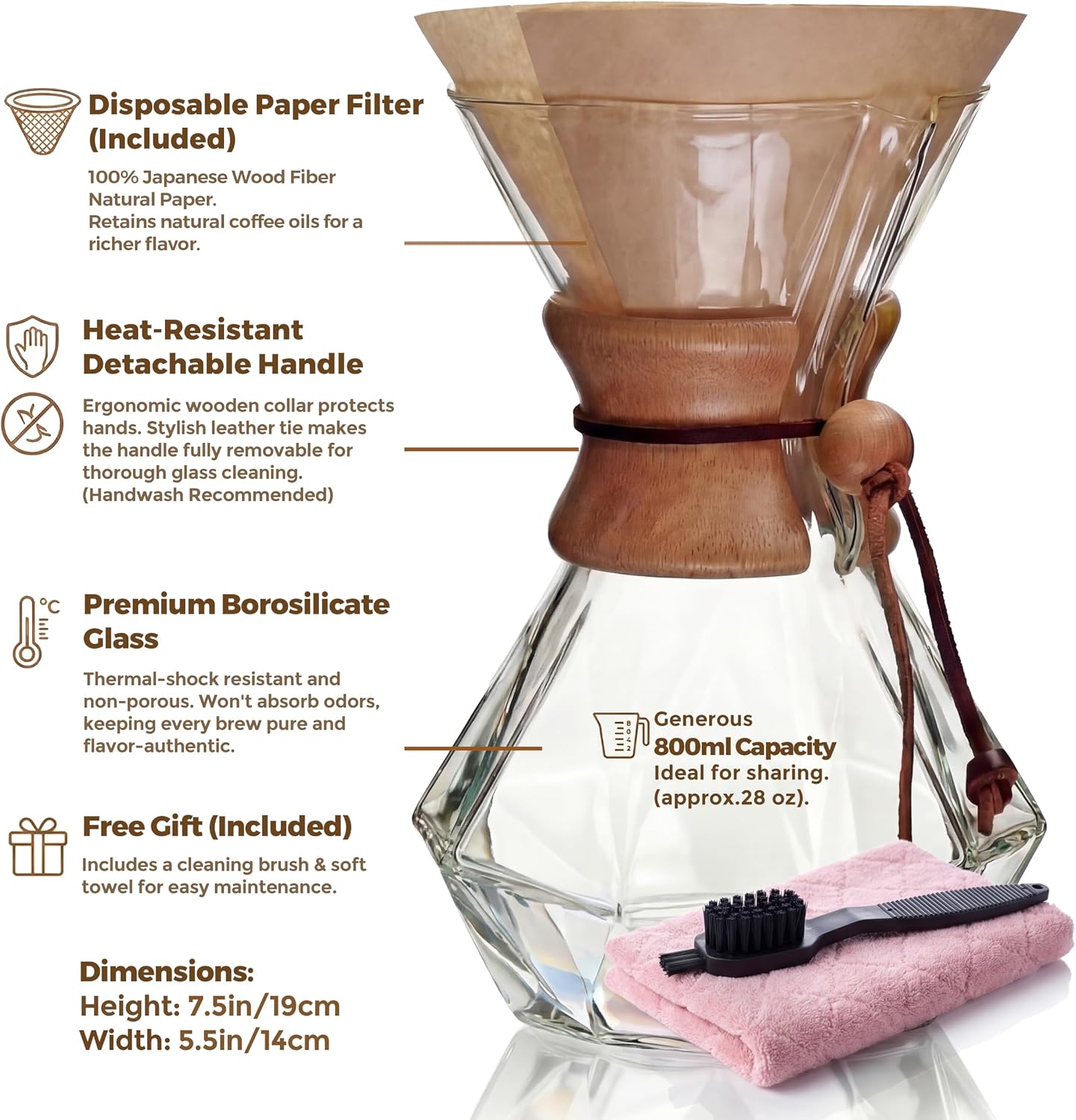 AGOGO Pour Over Coffee Maker Set, 34oz Classic Style, 304 Stainless Filter | Barista kit for home kitchen, Cafe, Camping & Office; 20oz-40oz Classic, Slim, Diamond styles; Includes brush & towel.