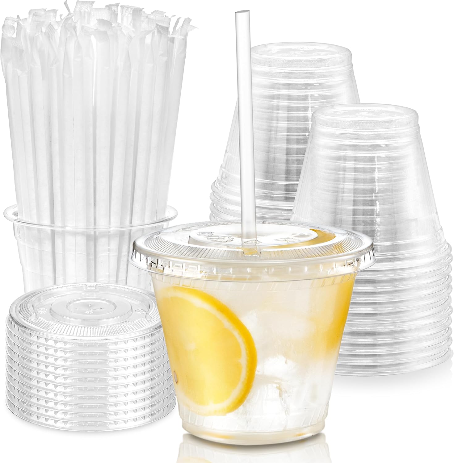 Fit Meal Prep 100 Pack 16 oz Clear Plastic Cups with Flat Lids, Disposable Iced Coffee Cups, BPA Free Premium Crystal Smoothie Cup for Party, Lemonade Stand, Cold Drinks, Juice, Milkshake