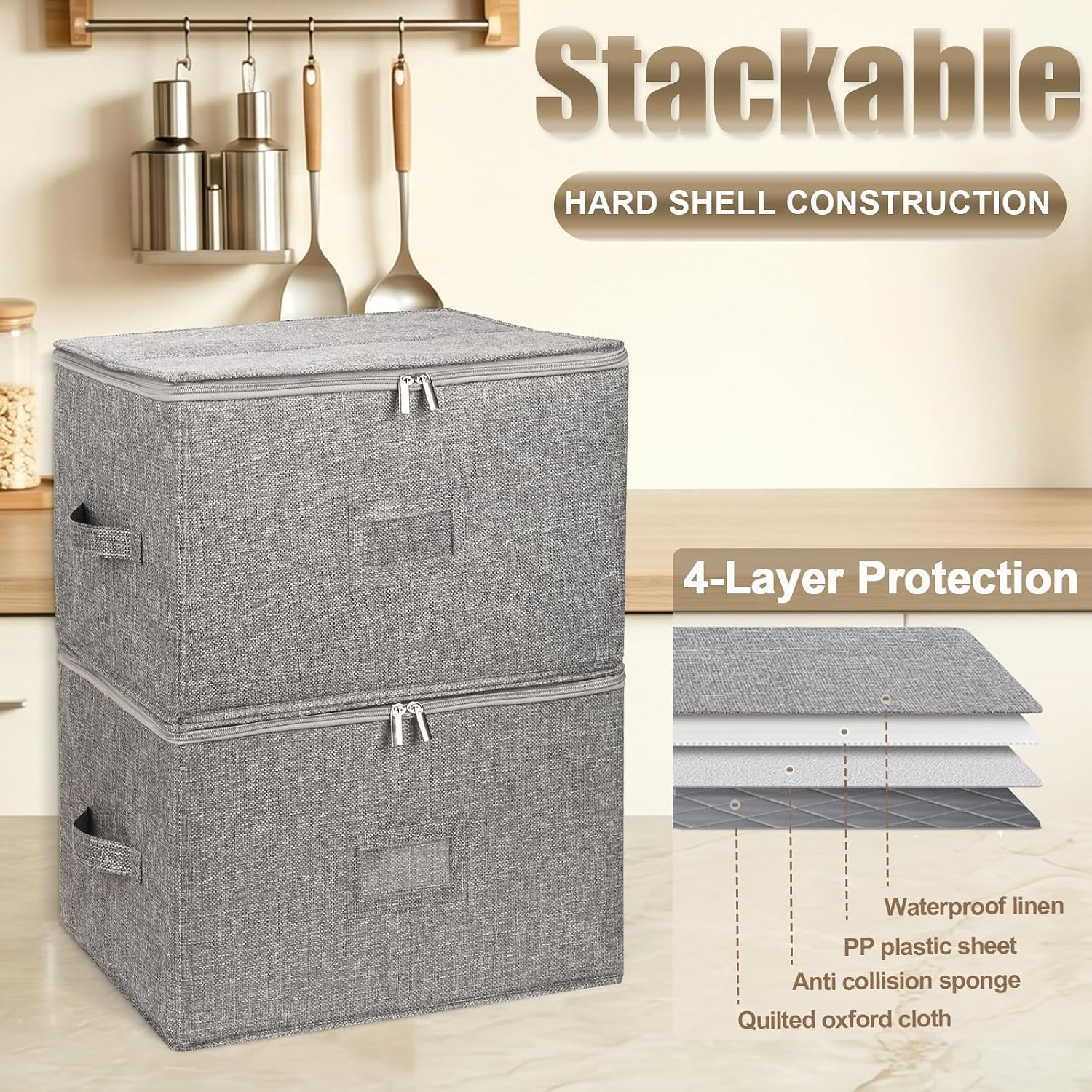 4PCS China Storage Containers, Hard Shell Dish Storage Containers w/ Felt Dividers, Quilted Plate Storage Cases for 12 Place Setting Charger Plates Dinnerware, Stackable Moving Boxes for Dishes