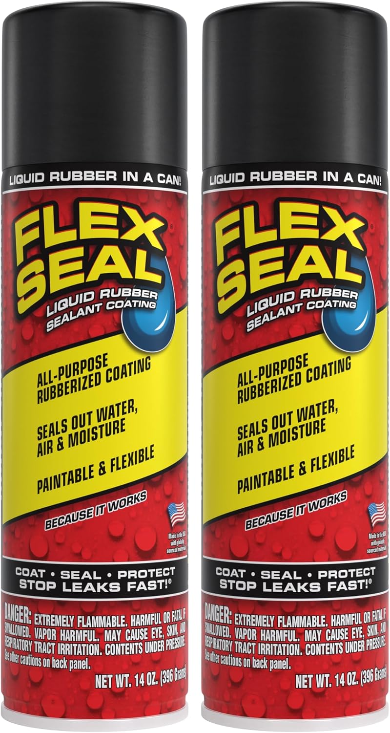 Flex Seal, 14 oz, 2-Pack, Black, Stop Leaks Instantly, Waterproof Rubber Spray On Sealant Coating, Perfect for Gutters, Wood, RV, Campers, Roof Repair, Skylights, Windows, and More