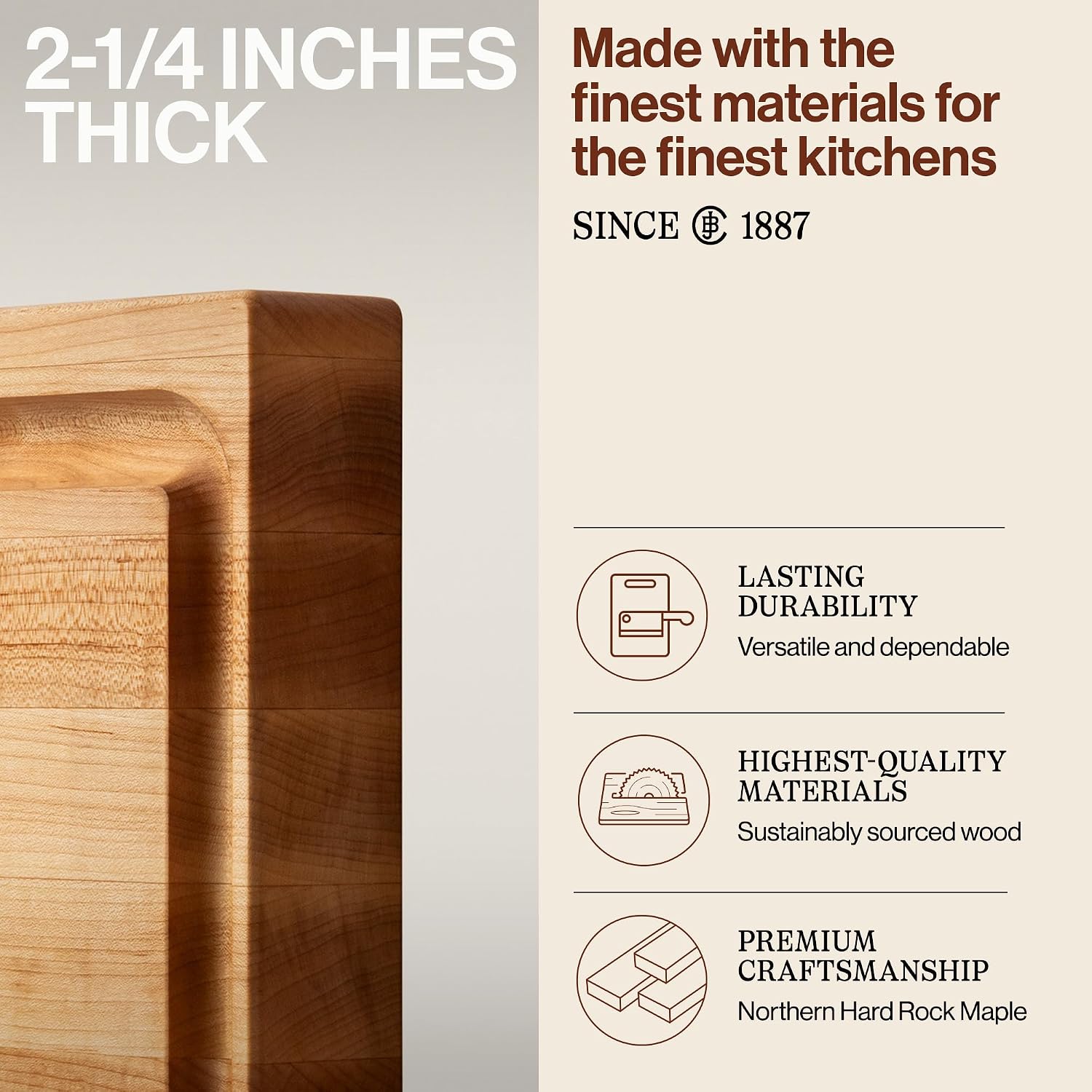 John Boos Newton Prep Master Series Rectangular Wooden Maple Cutting Board 15”x14” – 2.25” Thick, 14-lb Reversible Butcher Block with Catch Pan, Sloped Juice Groove & Edge-Grain – Made in the USA