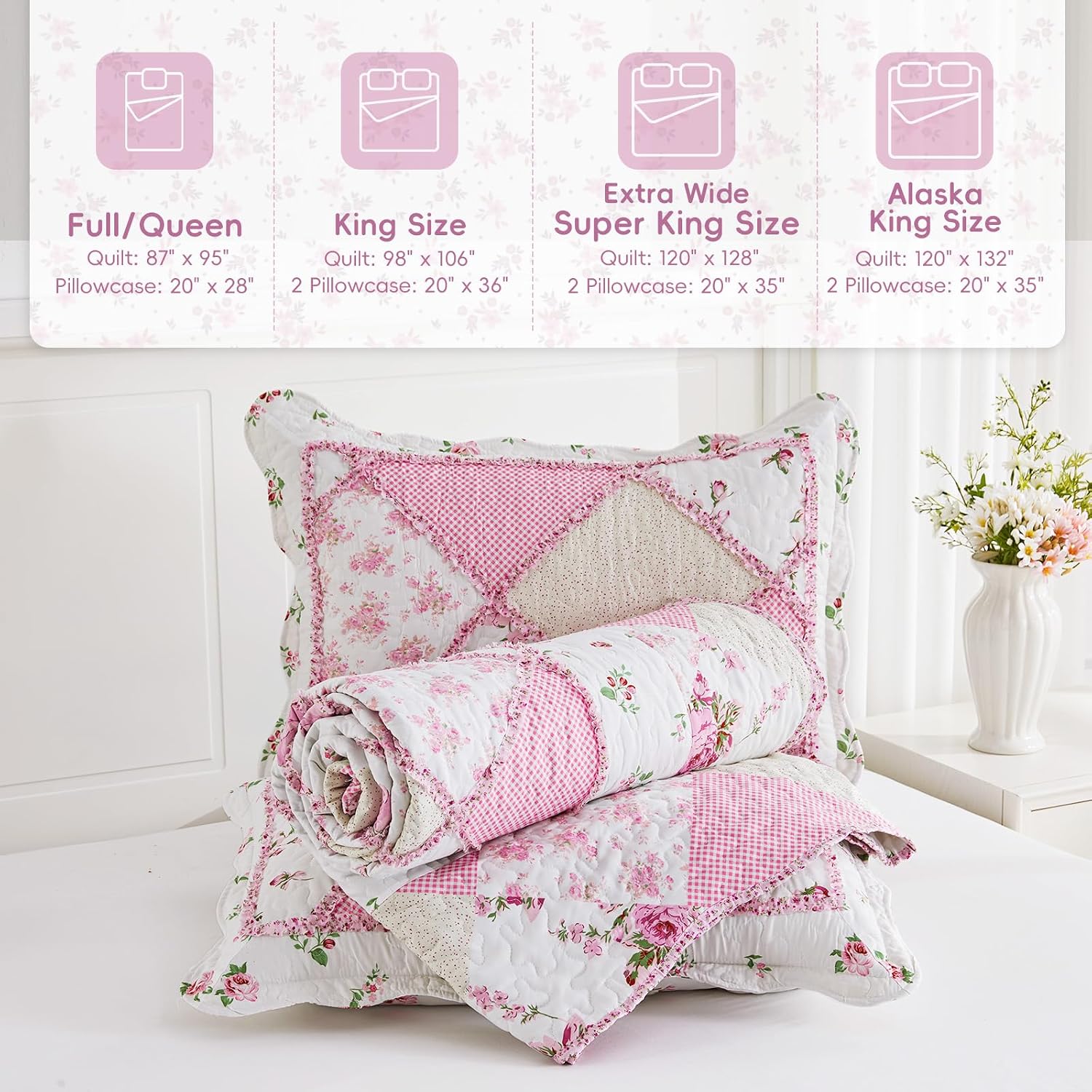 VIVILINEN Blue Floral Patchwork Quilt Set, Full Queen Size, 3 Piece Bedding Set with 2 Pillowcases