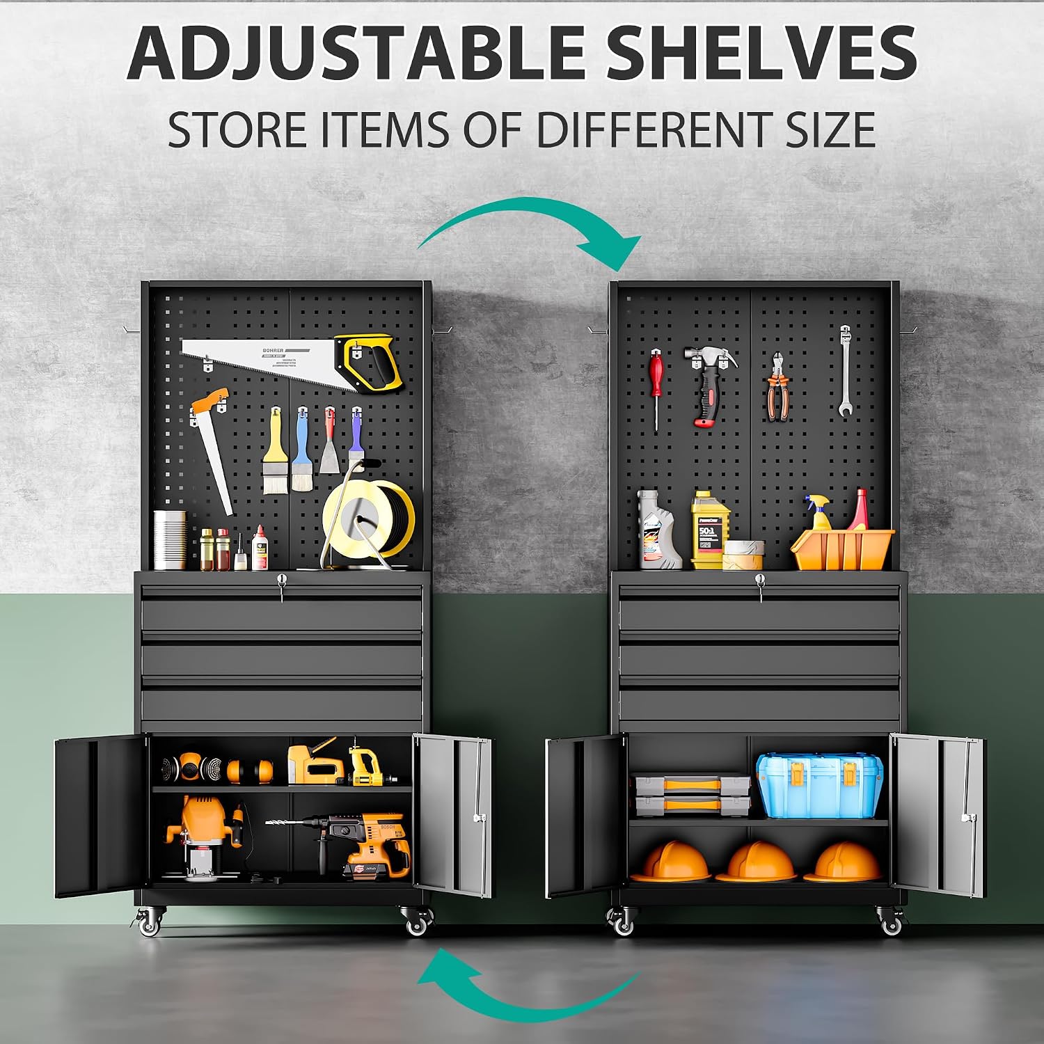 Metal Storage Cabinet with Wheels and Drawers, Rolling Garage Storage Cabinet with Lock, Black Metal Tool Cabinet with Hooks