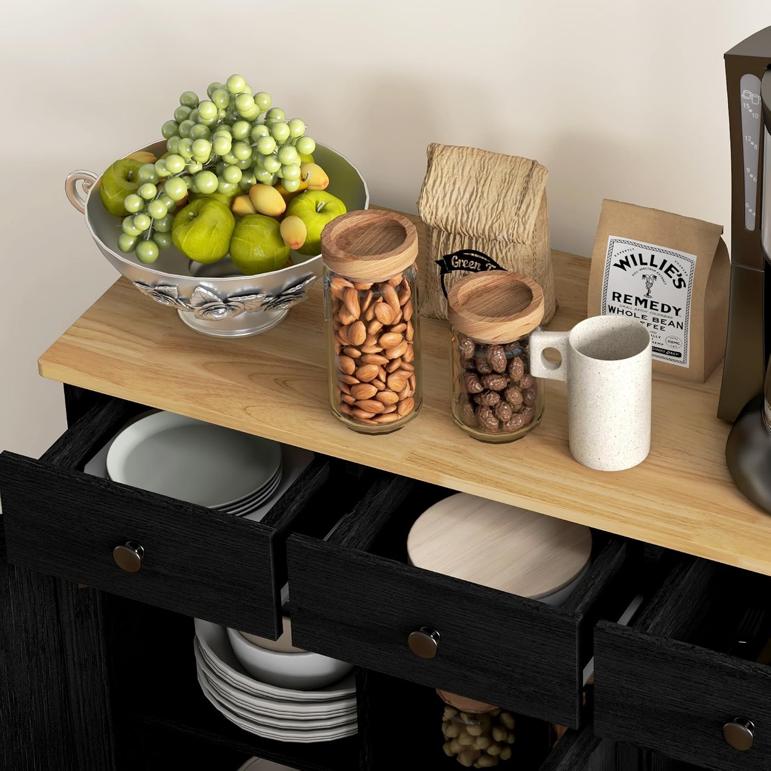 HOMCOM Sideboard Buffet Cabinet Solid Wood Countertop White