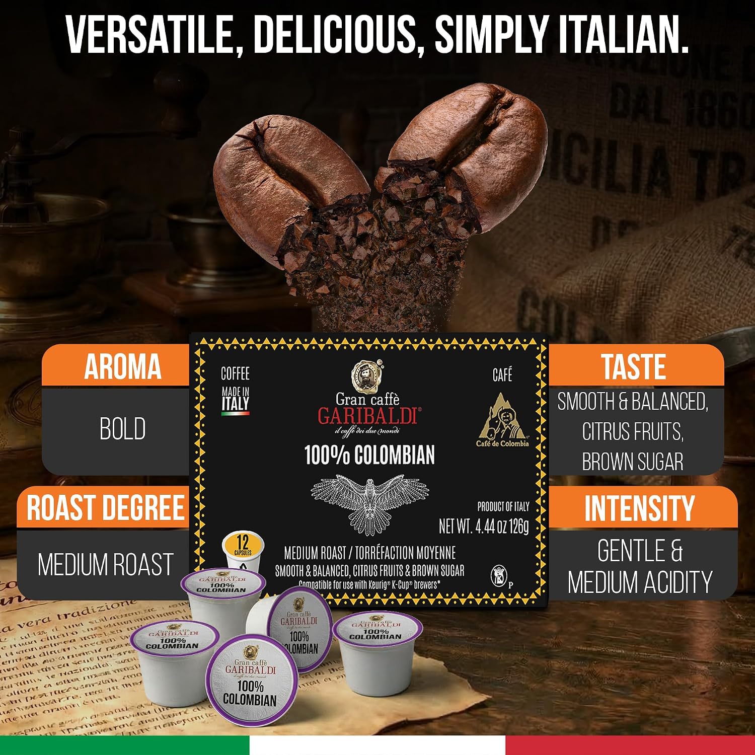 Caffè Garibaldi Colombian Coffee Pods for Keurig K-Cup Brewers, 12 Count