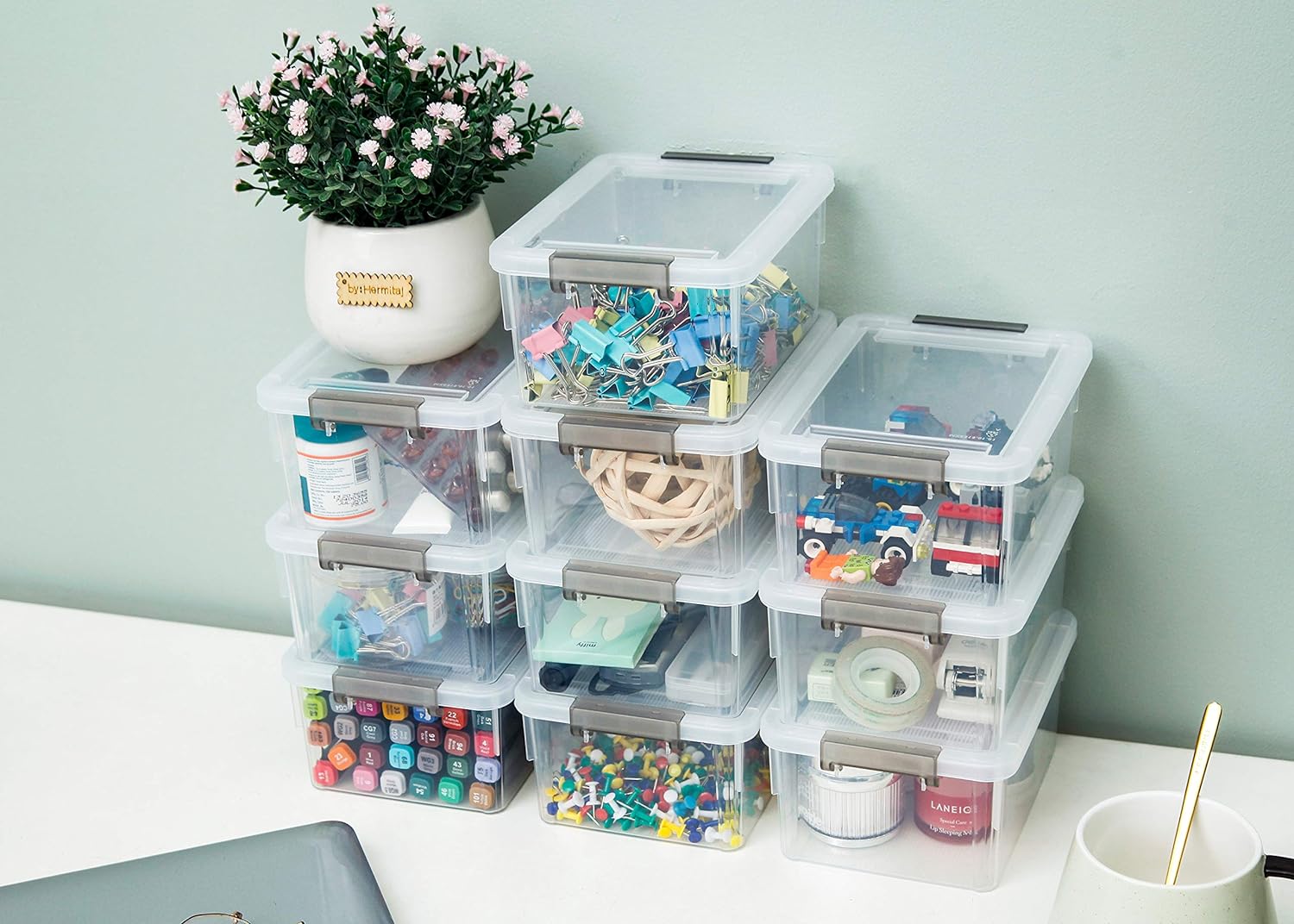 Citylife 10Packs 1.3Qt Small Storage Bins with Lids,Stackable Clear