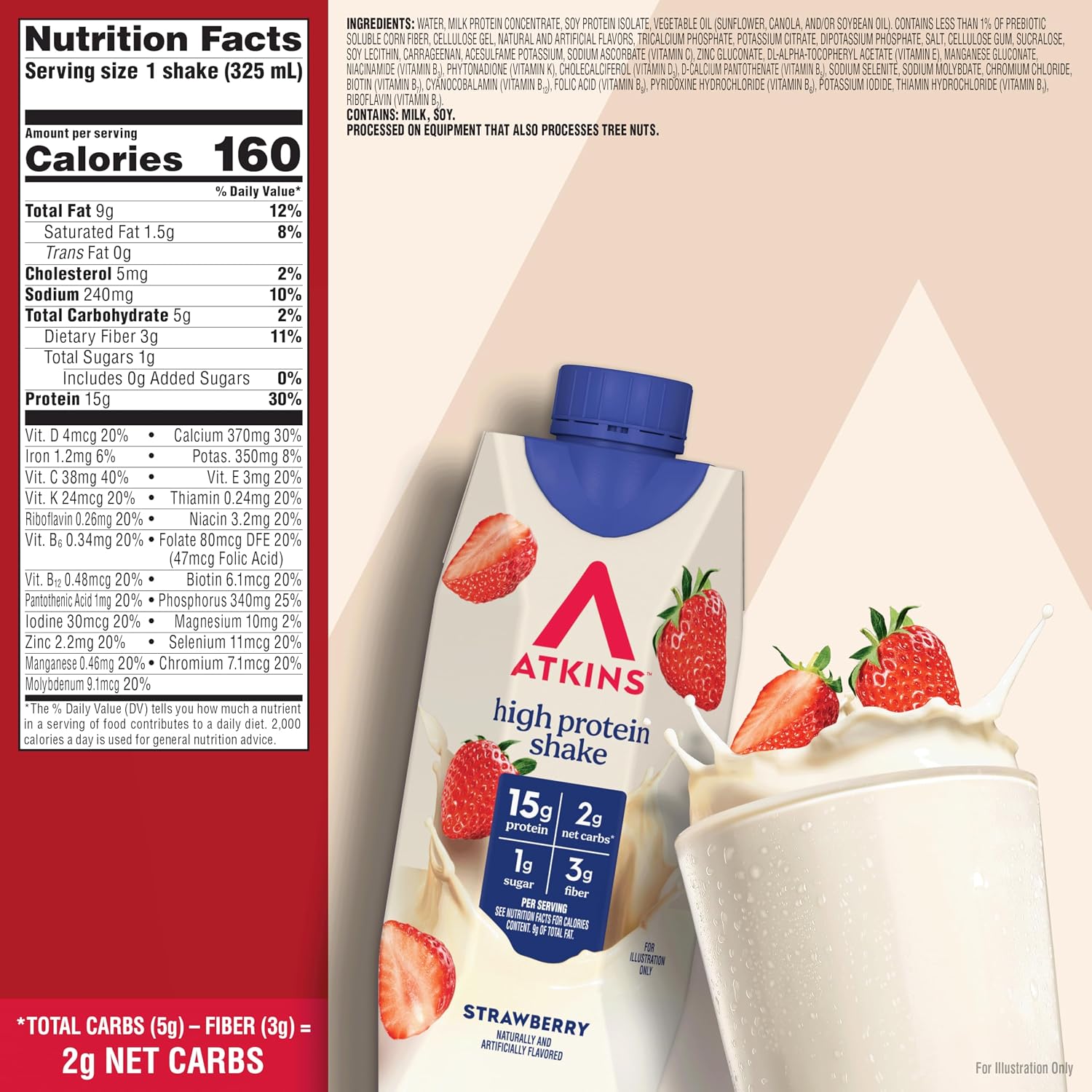 Atkins Milk Chocolate Delight High Protein Shake, 15g Protein, 12 Count | 15g Protein, 3g Fiber, 2g Net Carb, 1g Sugar, Chocolate Flavored, Keto Friendly, Ready to Drink, 12 Count